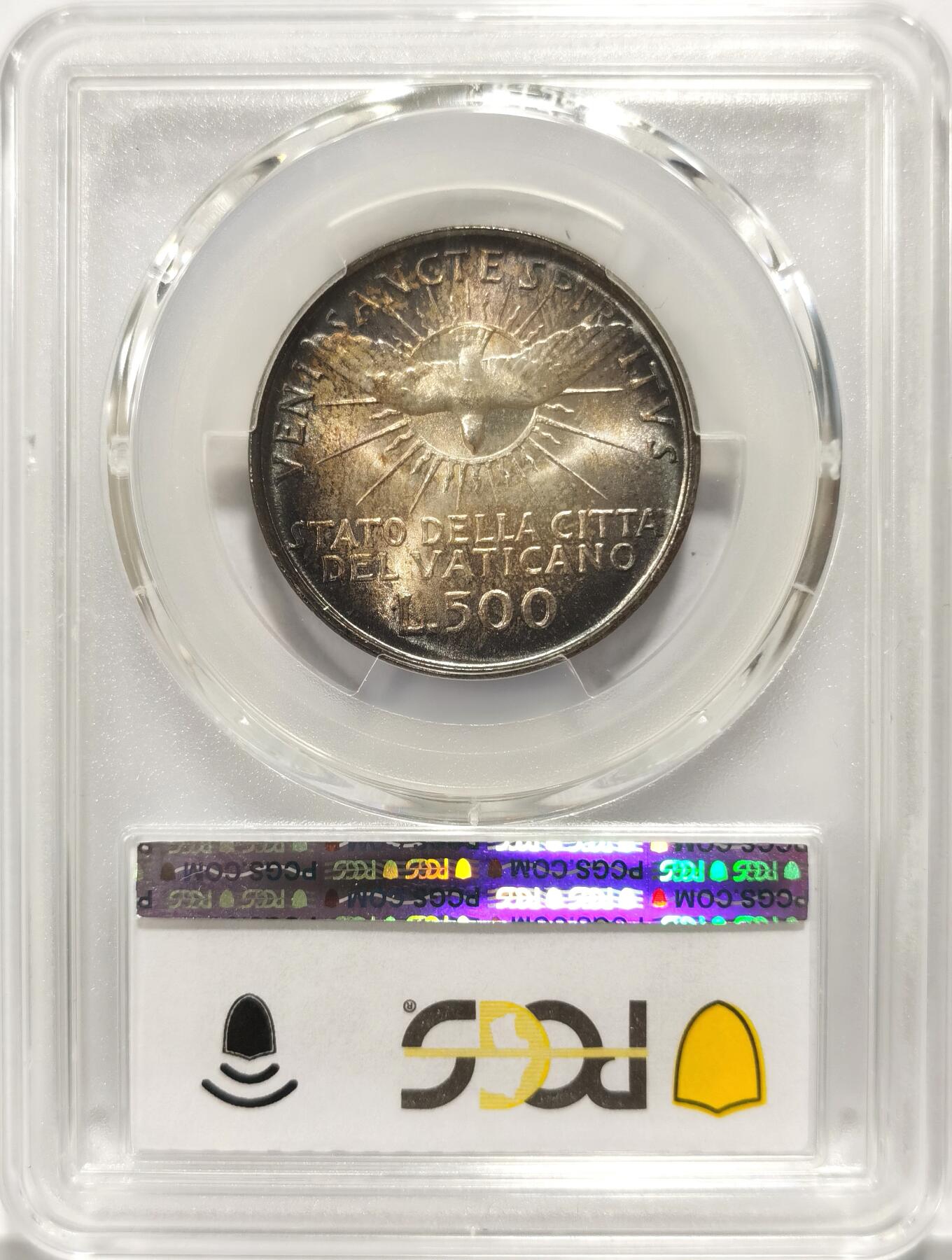 博洋堂世界钱币拍卖第090期（全场包邮） PCGS MS67 梵蒂冈1958年500里拉缺位银币，变态高分加包浆，可永久入藏