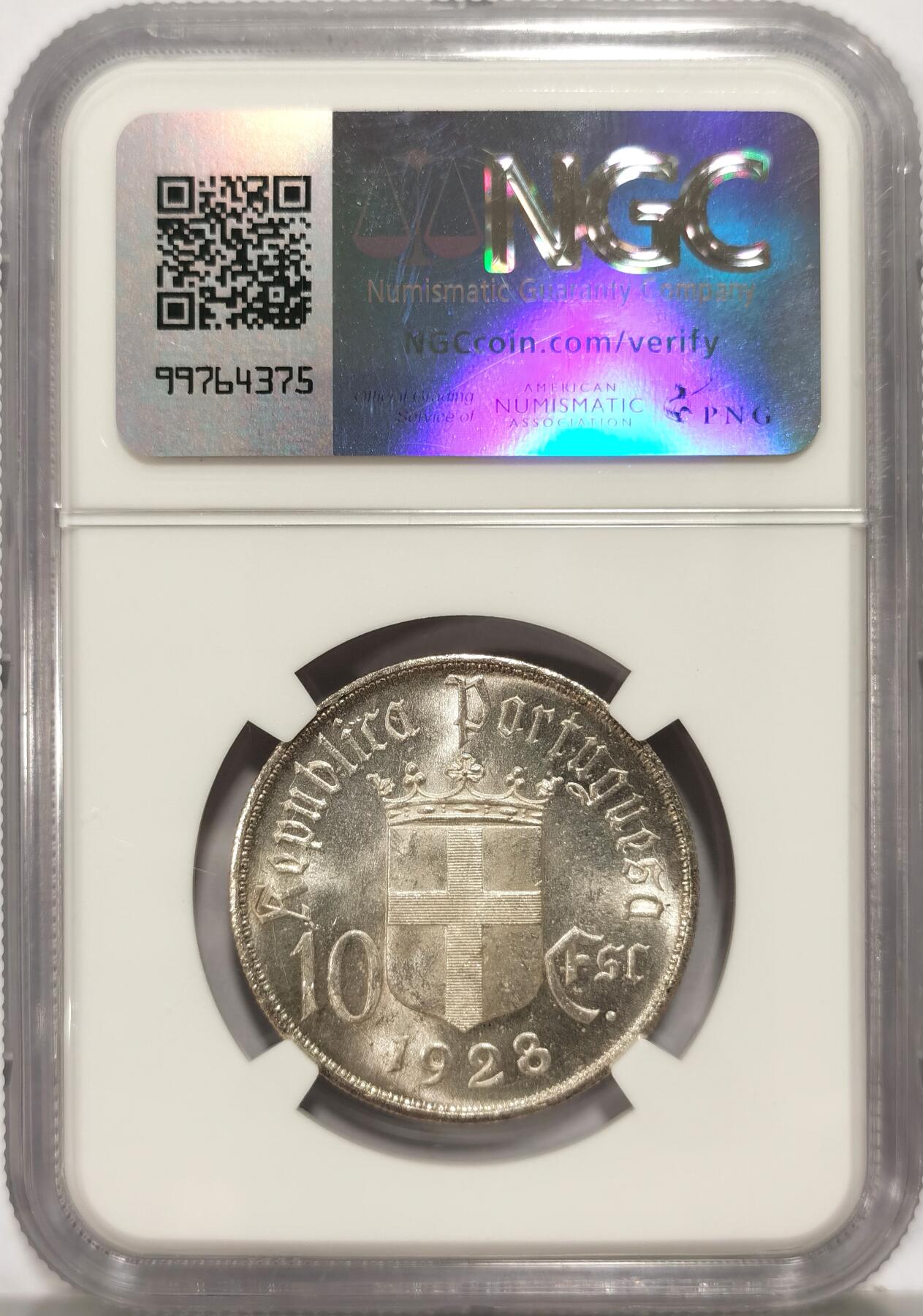 博洋堂世界钱币拍卖第104期（全场包邮） NGC MS63 葡萄牙1928年奥里基战役10埃斯库多银币