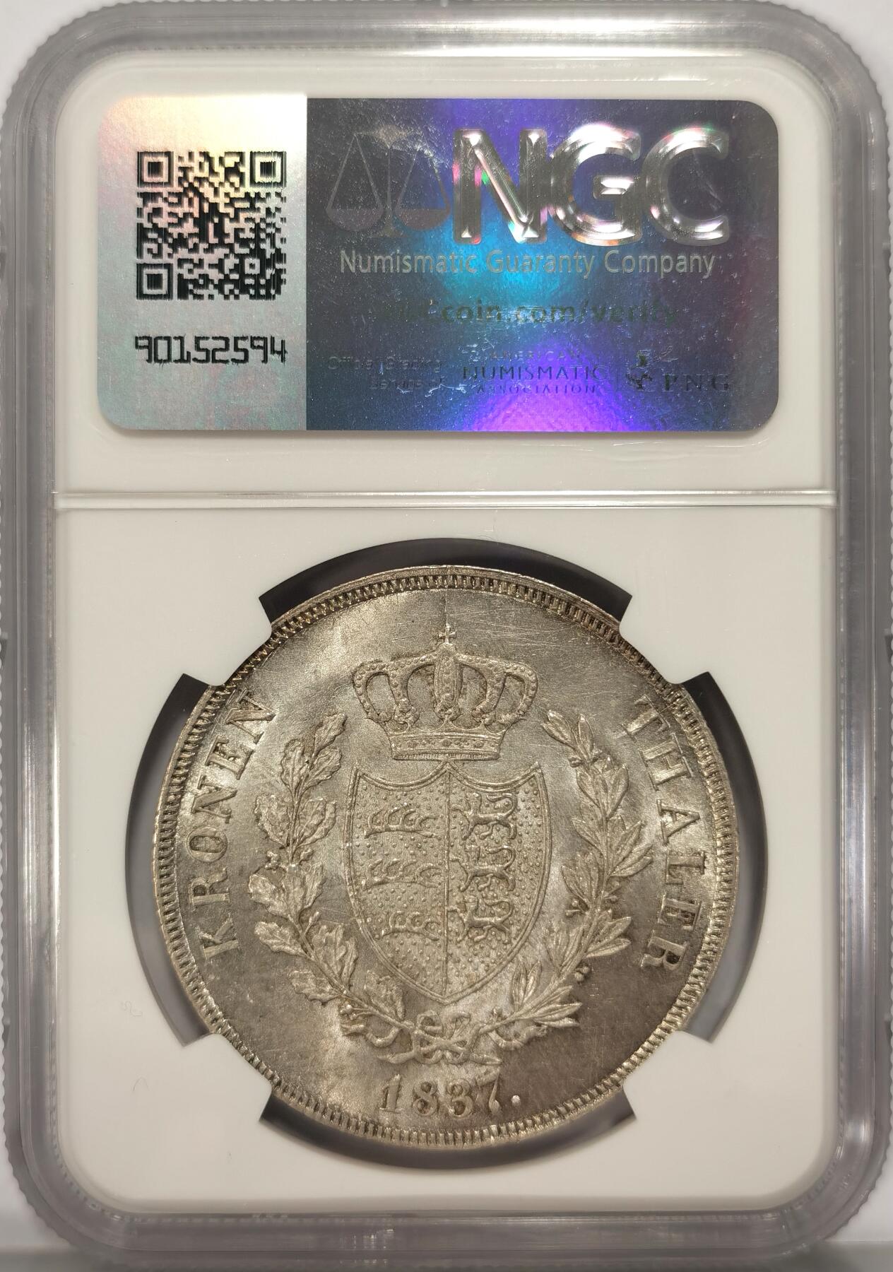 博洋堂世界钱币拍卖第090期（全场包邮） NGC MS62 德国符腾堡1837年威廉一世皇冠泰勒 德国第一帝国小邦国泰勒，少见的品种，MS的更少，NGC评级榜第二名，63只有一枚