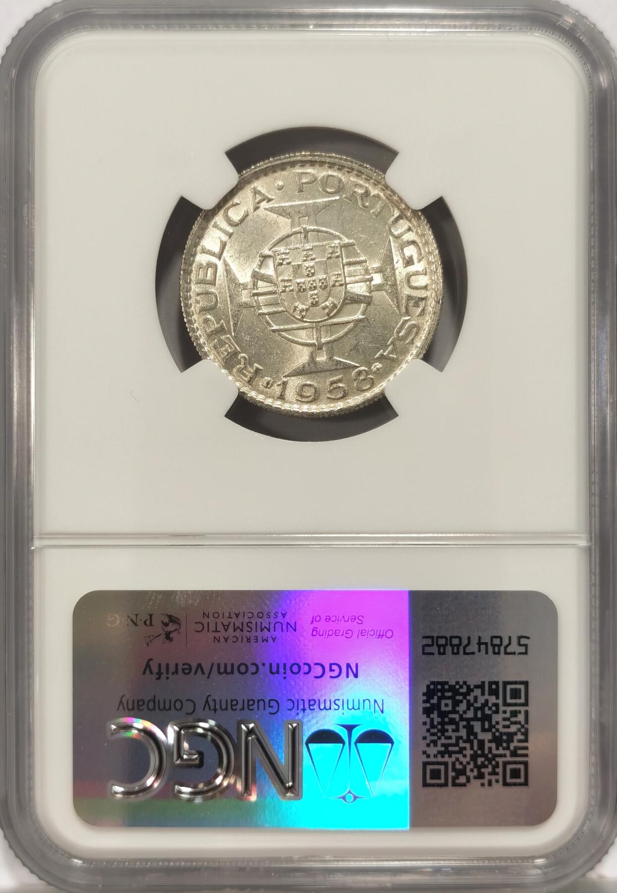博洋堂世界钱币拍卖第090期（全场包邮） NGC MS63 葡属东帝汶1958年6埃斯库多银币