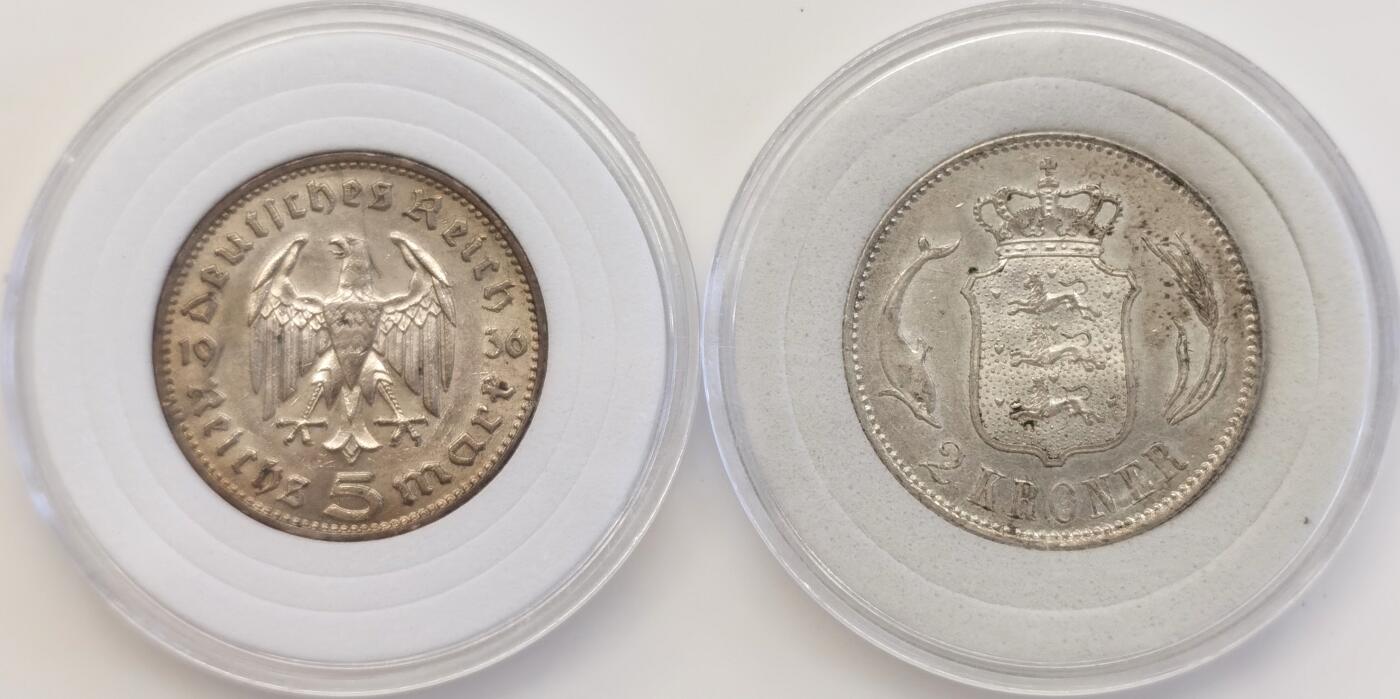 博洋堂世界钱币拍卖第090期（全场包邮） 兴登堡银币五马克无字版，卷拆，品相很好+丹麦海豚银币两克郎，转光品相，底版无大伤，海豚栩栩如生