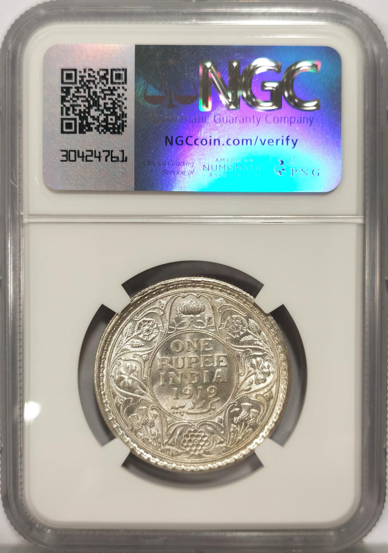 博洋堂世界钱币拍卖第090期（全场包邮） NGC MS64 英属印度1919年C版乔治五世1卢比银币，收藏级