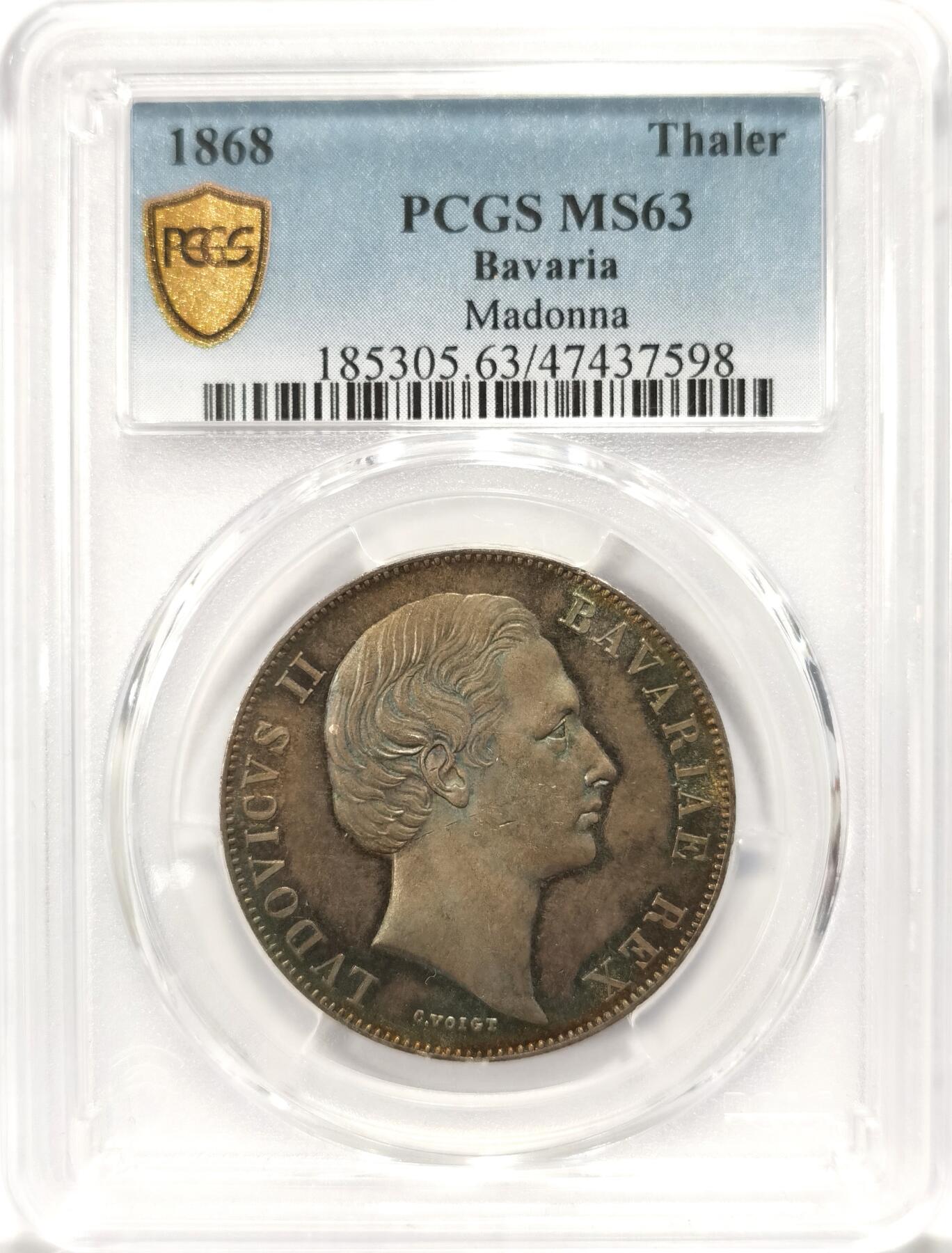 博洋堂世界钱币拍卖第090期（全场包邮） PCGS MS63 德国巴伐利亚1868年圣母抱婴泰勒，极致五彩包浆，一旦拥有别无所求！