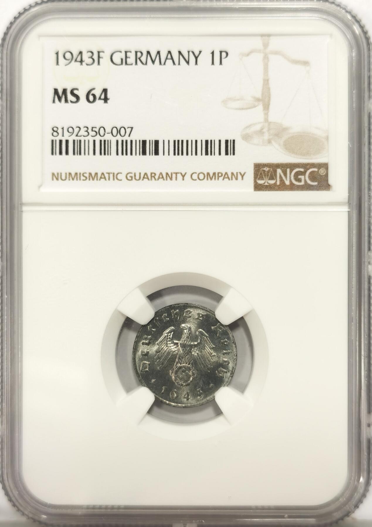 博洋堂世界钱币拍卖第090期（全场包邮） NGC MS64 德国1943F版1芬尼锌币，卷拆马上送评，BU品相