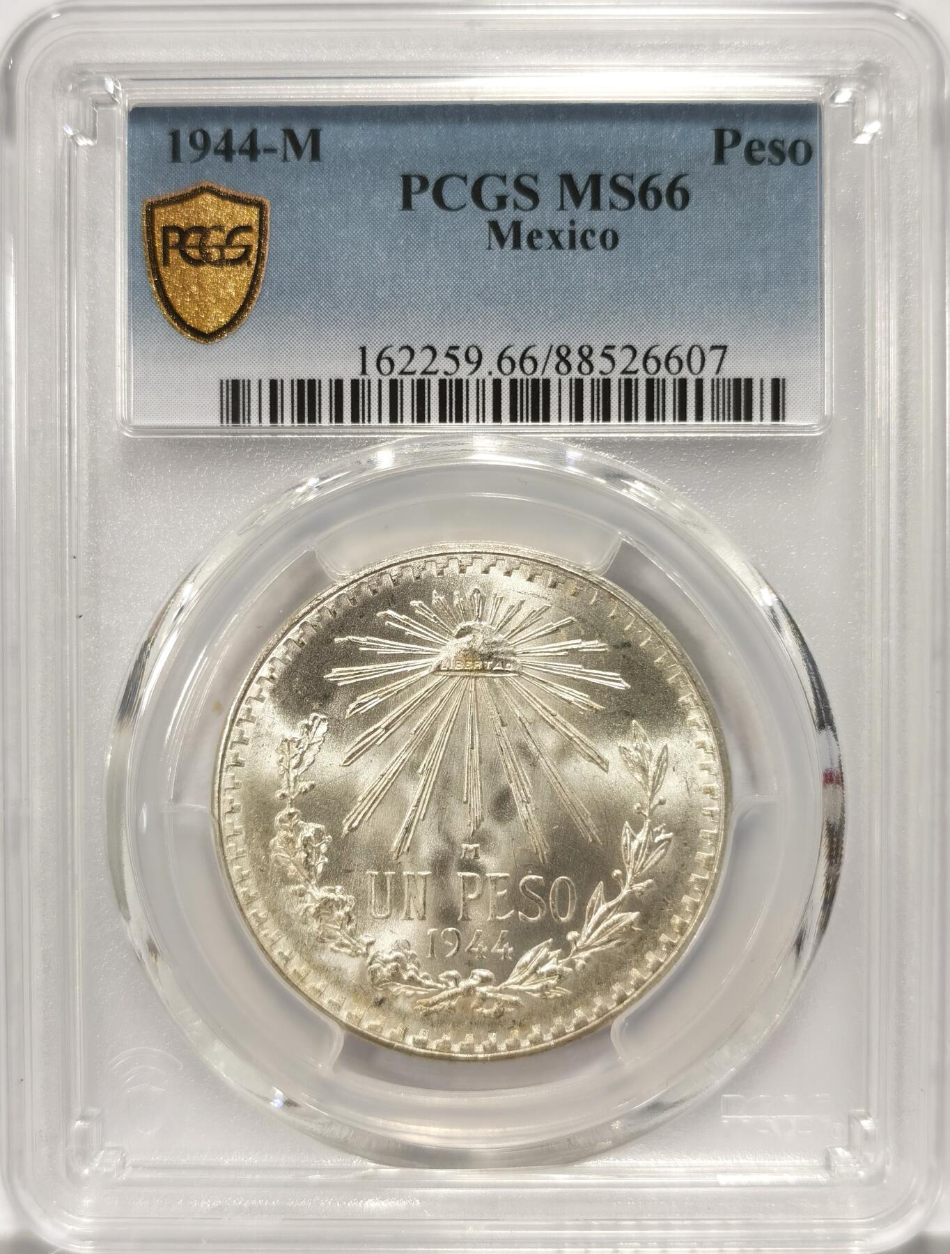 博洋堂世界钱币拍卖第090期（全场包邮） PCGS MS66 墨西哥1944年1比索鹰洋银币，极品高分，币面凝霜感