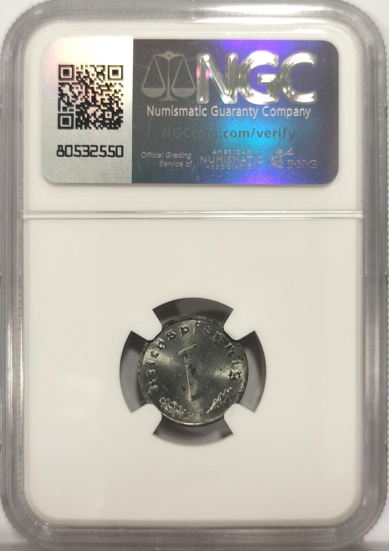 博洋堂世界钱币拍卖第090期（全场包邮） NGC MS64 德国1943F版1芬尼锌币，卷拆马上送评，BU品相