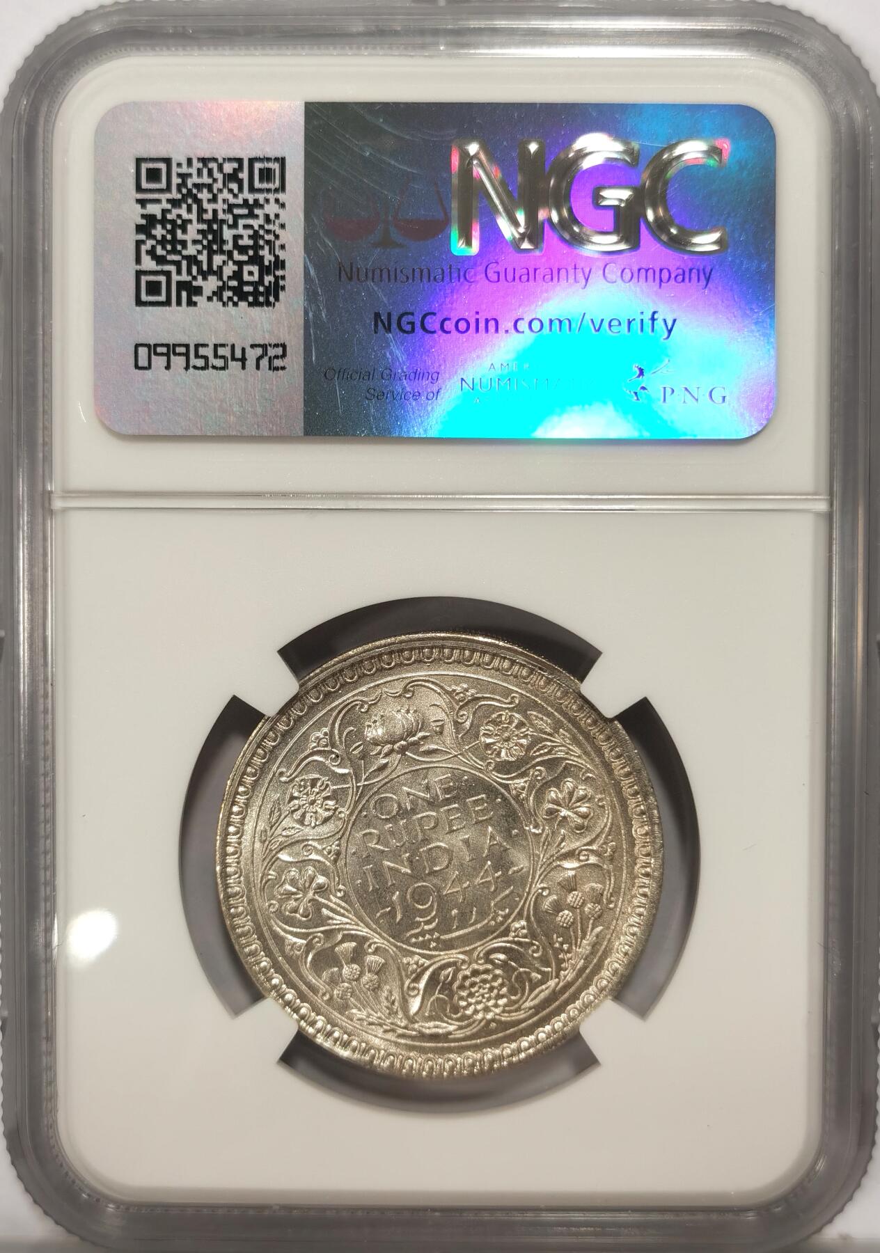博洋堂世界钱币拍卖第090期（全场包邮） NGC MS64 英属印度1944年B版乔治六世1卢比银币，收藏级