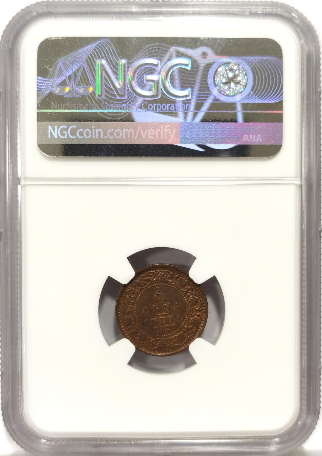 博洋堂世界钱币拍卖第090期（全场包邮） NGC MS64BN 英属印度1920年乔治五世1/12安娜铜币