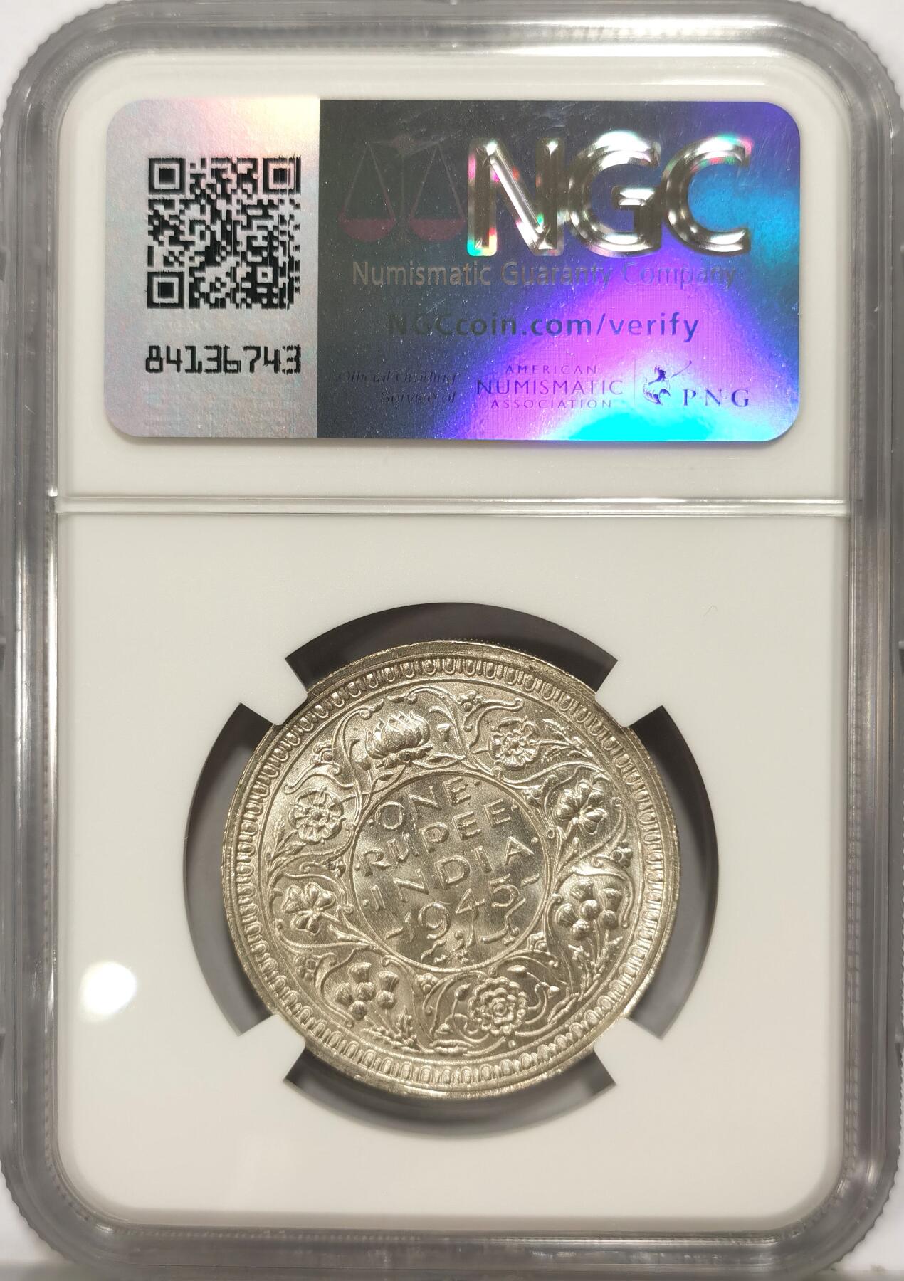 博洋堂世界钱币拍卖第090期（全场包邮） NGC MS63 英属印度1945年B版乔治六世1卢比银币，车轮转光