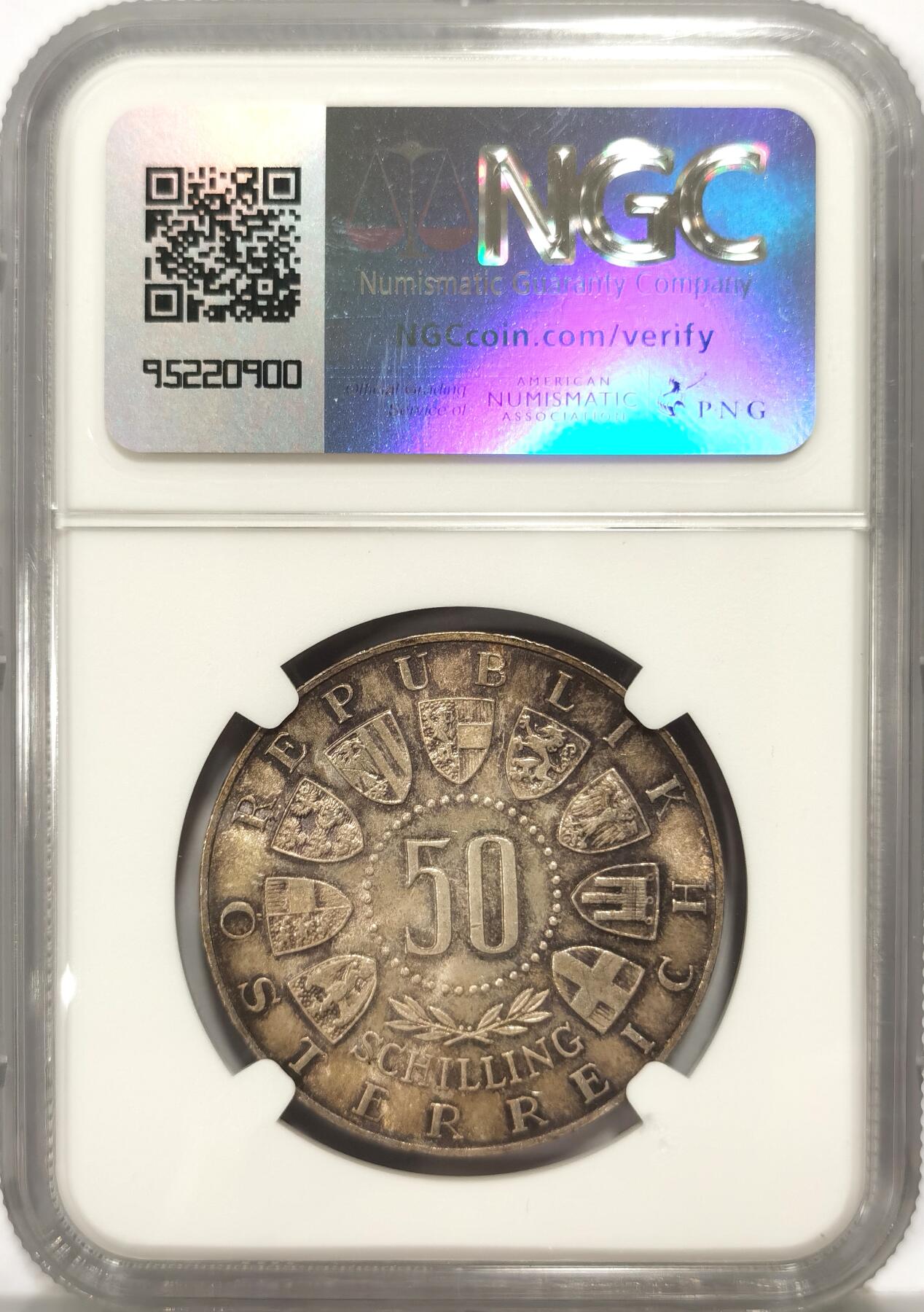 博洋堂世界钱币拍卖第090期（全场包邮） NGC MS65 奥地利1964年因斯布鲁克冬奥会50先令纪念银币，黄油彩漂亮