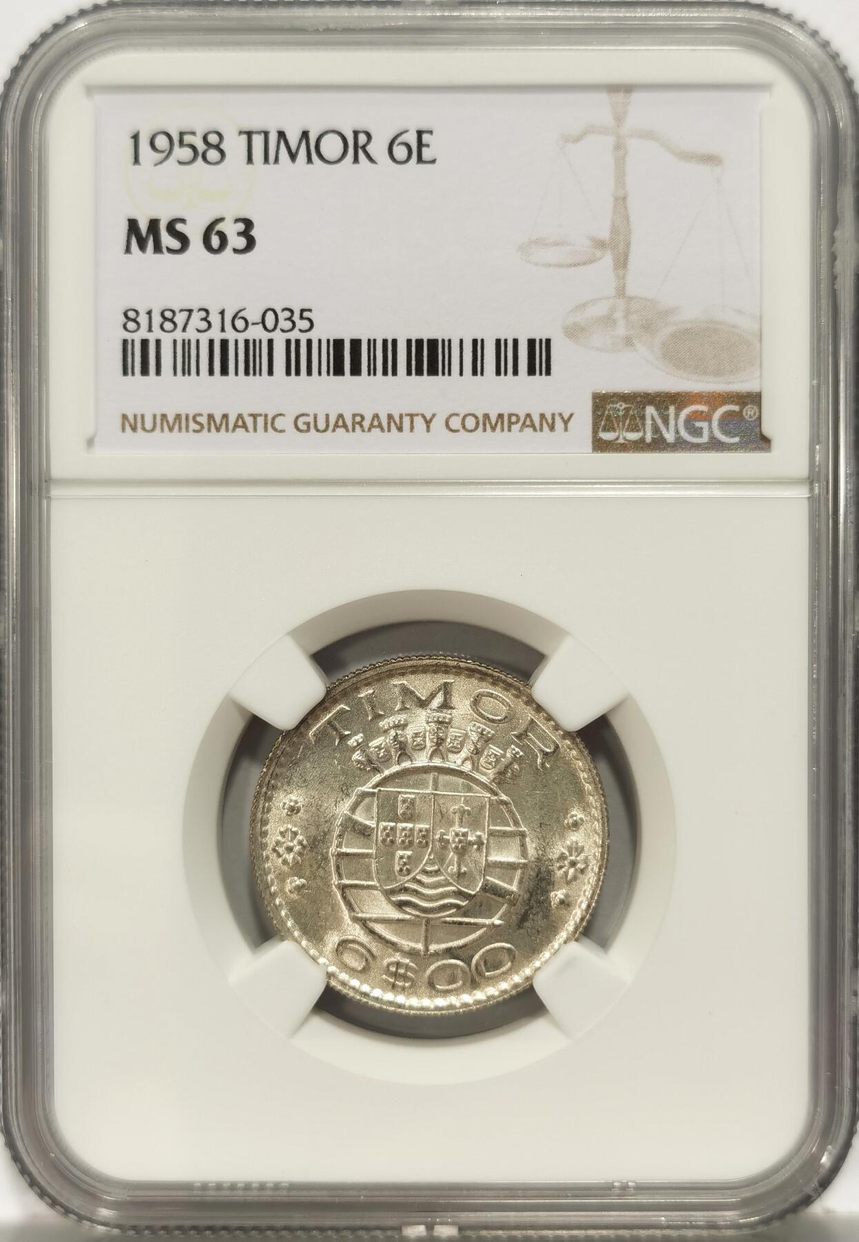 博洋堂世界钱币拍卖第090期（全场包邮） NGC MS63 葡属东帝汶1958年6埃斯库多银币