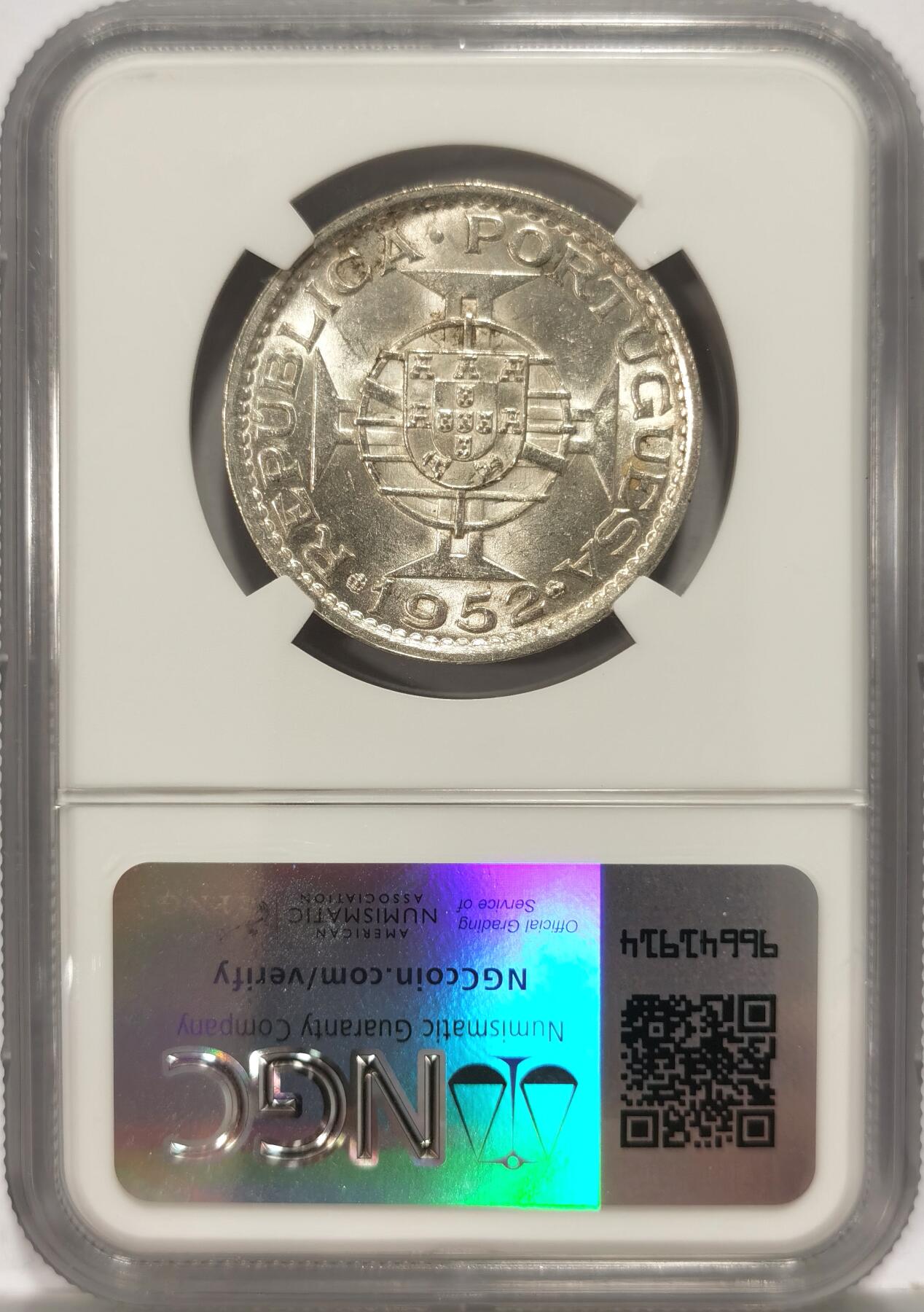 博洋堂世界钱币拍卖第090期（全场包邮） NGC MS63 葡属澳门1952年首版伍圆银币