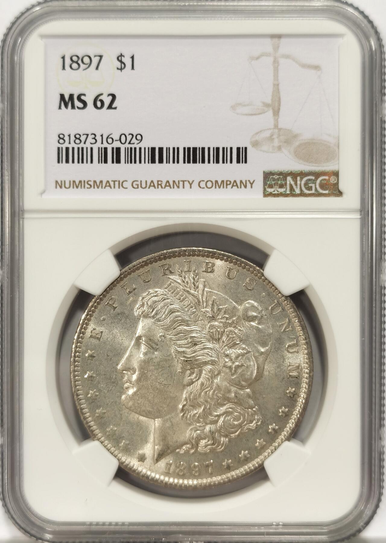 博洋堂世界钱币拍卖第090期（全场包邮） NGC MS62 美国1897年摩根大银币