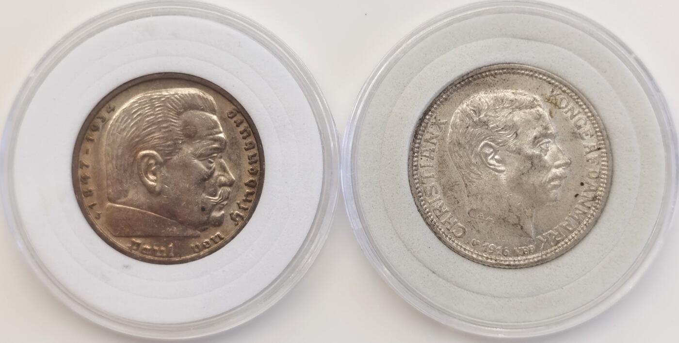 博洋堂世界钱币拍卖第090期（全场包邮） 兴登堡银币五马克无字版，卷拆，品相很好+丹麦海豚银币两克郎，转光品相，底版无大伤，海豚栩栩如生