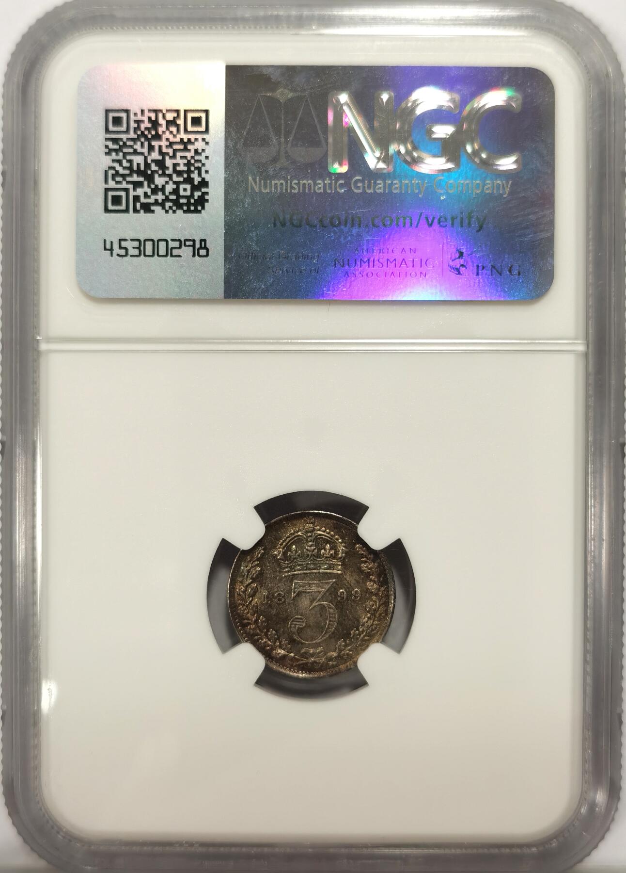 博洋堂世界钱币拍卖第090期（全场包邮） NGC MS64 英国1899年维多利亚3便士银币