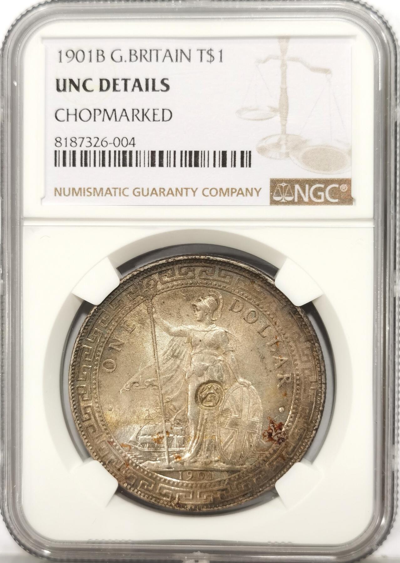 博洋堂世界钱币拍卖第090期（全场包邮） NGC UNC 站洋1901年B版，原味酱彩，带清晰异形戳
