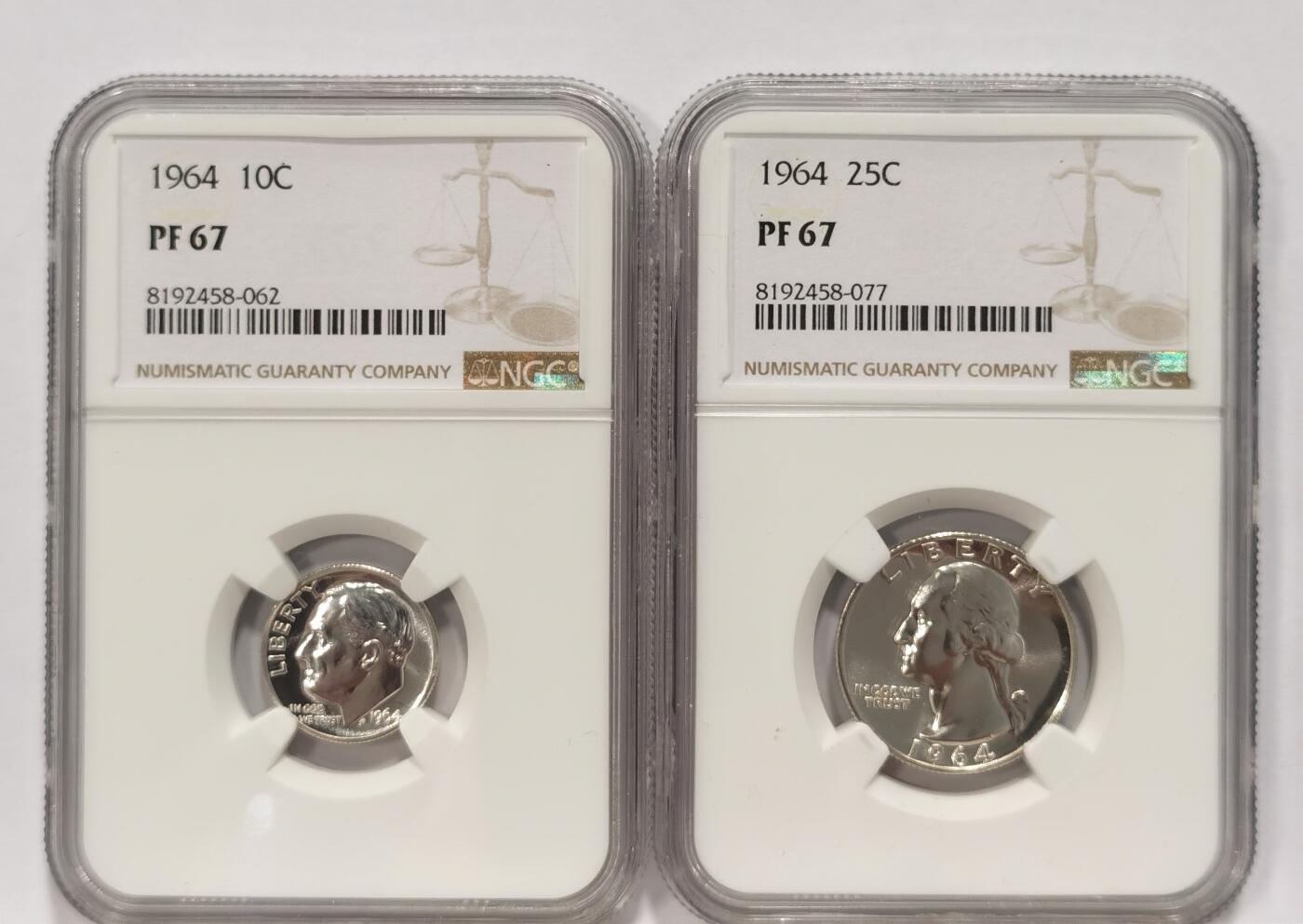 博洋堂世界钱币拍卖第090期（全场包邮） NGC PF67 美国1964年罗斯福10美分、华盛顿25美分银币2枚一对，高分镜面