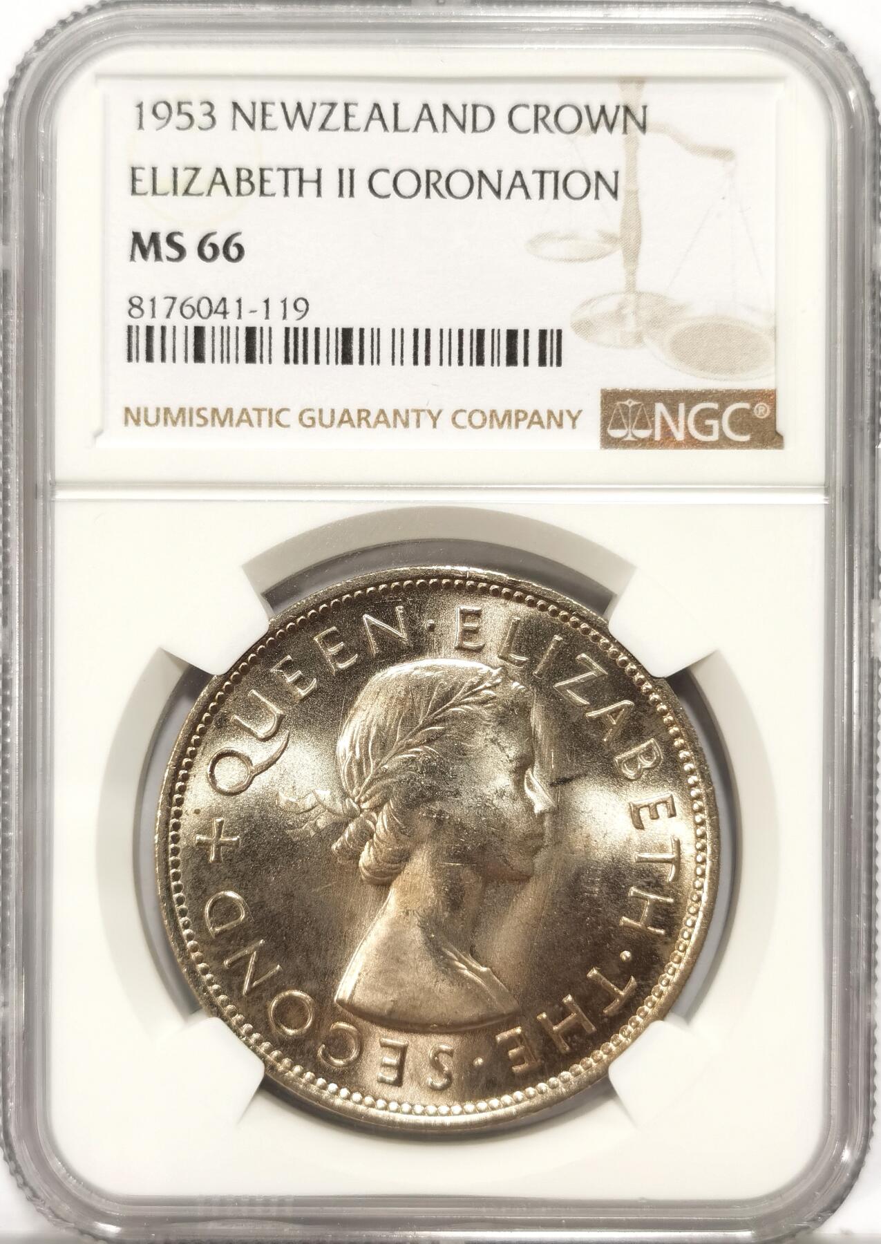 博洋堂世界钱币拍卖第090期（全场包邮） NGC MS66 英属新西兰1953年伊丽莎白二世登基纪念克朗