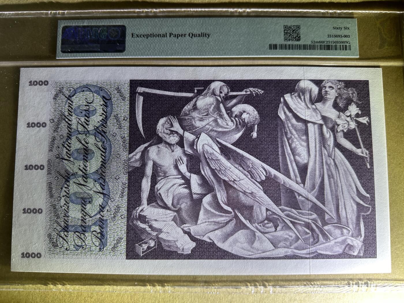 《张总收藏》166期-周日外币精品 瑞士1000法郎PMG66E 1974年 经典死神之舞 超大票幅 冠军分 无折无黄无斑 实至名归冠军品质