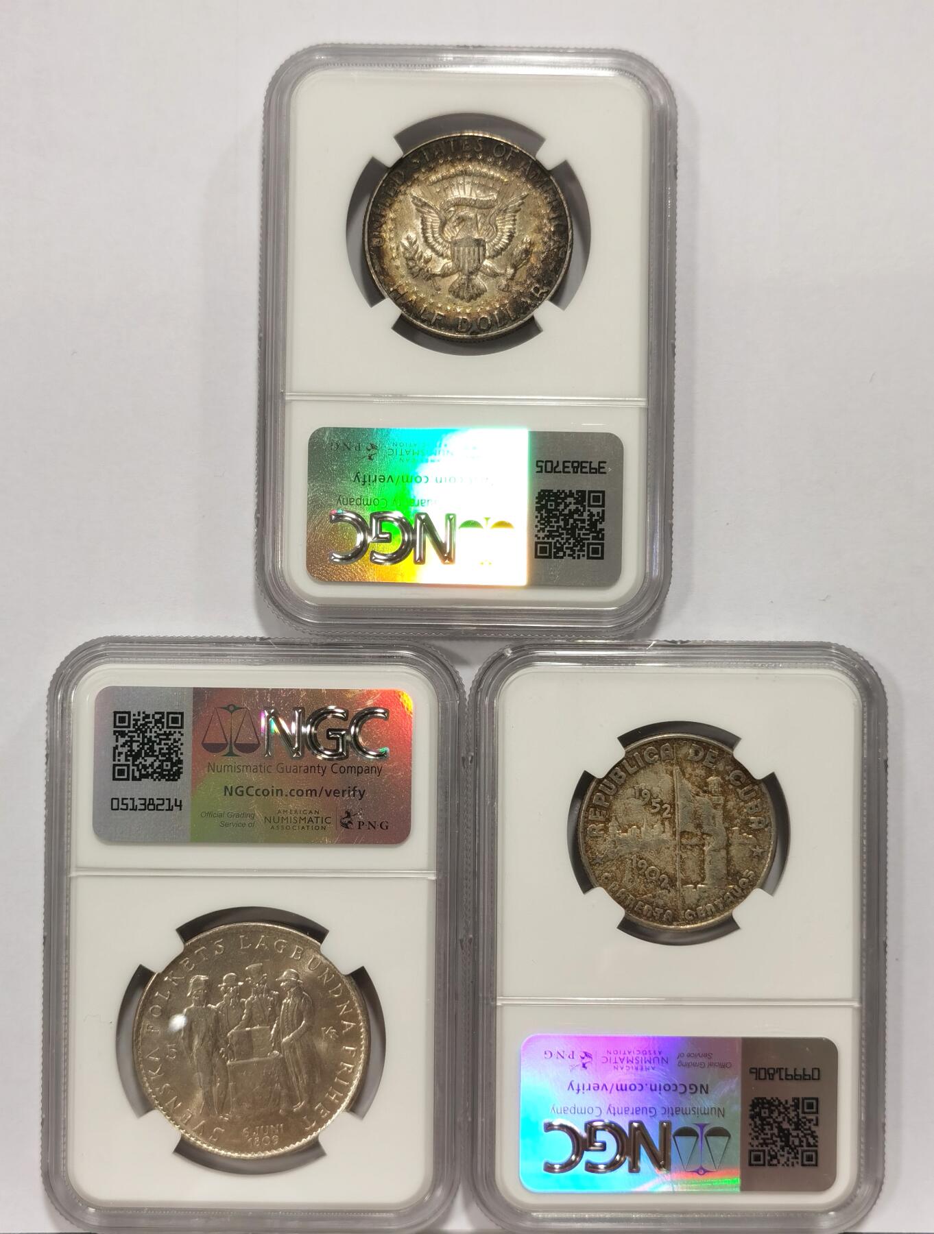 博洋堂世界钱币拍卖第090期（全场包邮） NGC AU53 古巴1952年建国50周年40分+NGC AU55 美国1964年50分+NGC MS62 瑞典1959年5克朗纪念银币，三枚一起