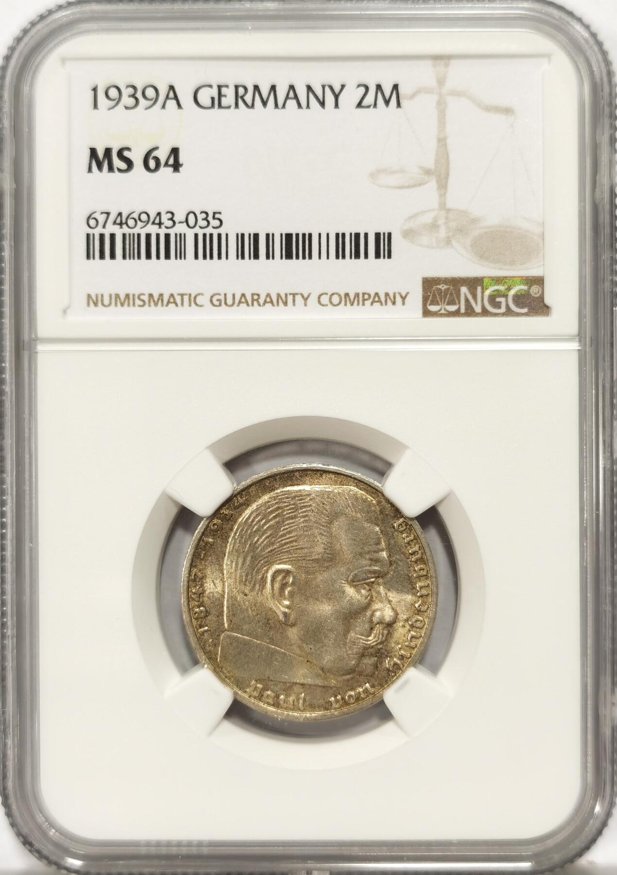 博洋堂世界钱币拍卖第090期（全场包邮） NGC MS64 德国第三帝国1939年A兴登堡2马克银币