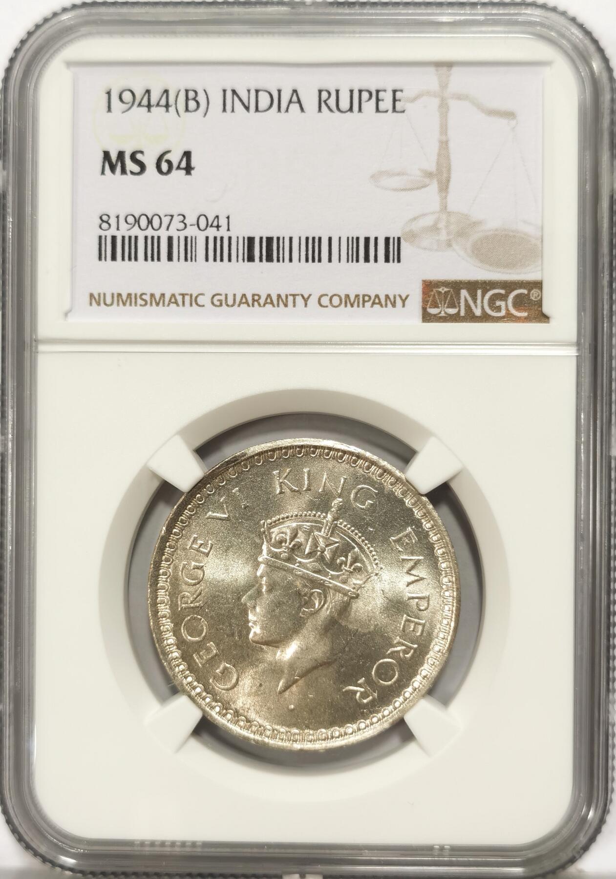 博洋堂世界钱币拍卖第090期（全场包邮） NGC MS64 英属印度1944年B版乔治六世1卢比银币，收藏级