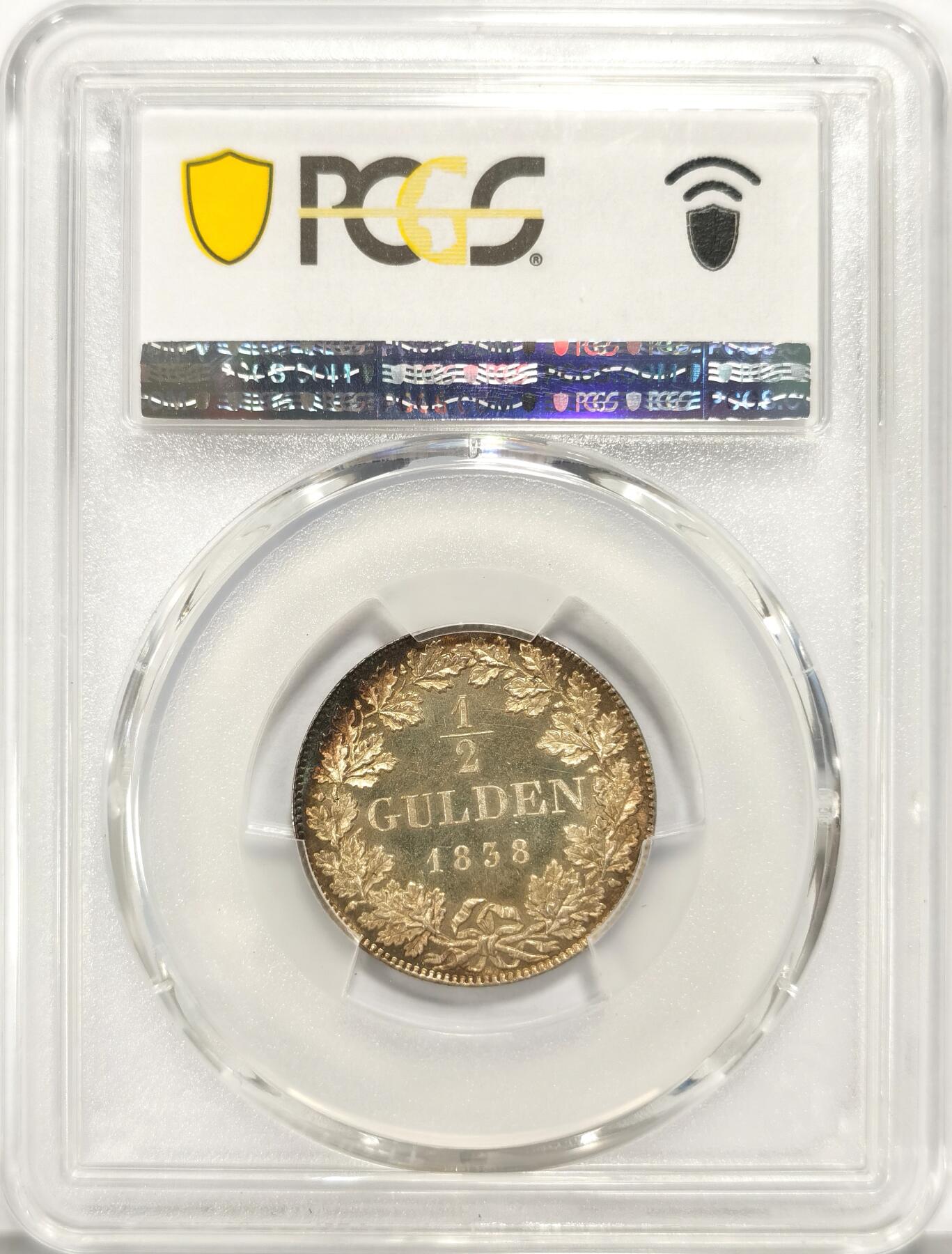 博洋堂世界钱币拍卖第090期（全场包邮） PCGS MS65PL !  德国黑森-达姆斯坦特1838年路德维希二世流通1/2盾银币。超高分的普制就是稀少品，PL的就不用说了，绝品