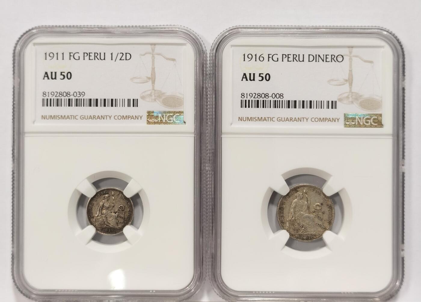 博洋堂世界钱币拍卖第090期（全场包邮） NGC AU50 秘鲁1911/1916年坐人女神1/2D、1D小银币2枚一对