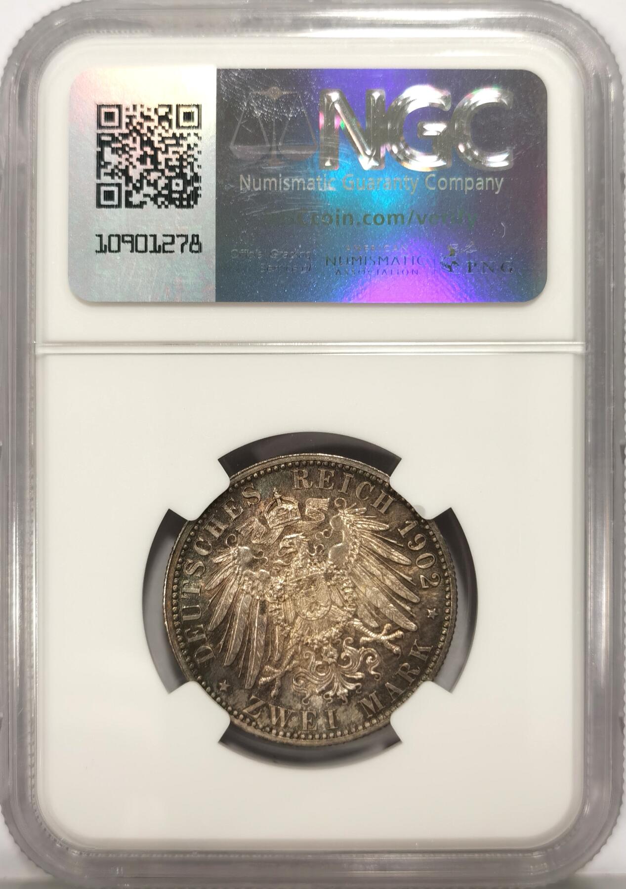 博洋堂世界钱币拍卖第090期（全场包邮） NGC MS65 德国巴登1902年登基纪念2马克银币 五彩高分