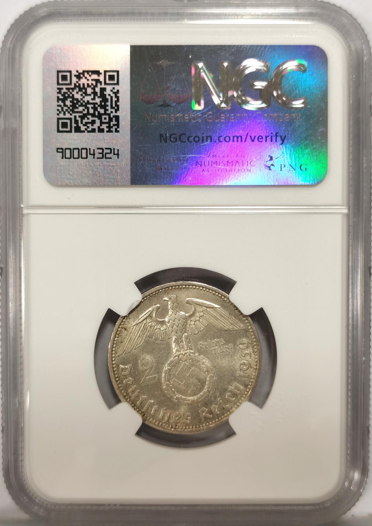 博洋堂世界钱币拍卖第090期（全场包邮） NGC MS64 德国第三帝国1939年A兴登堡2马克银币