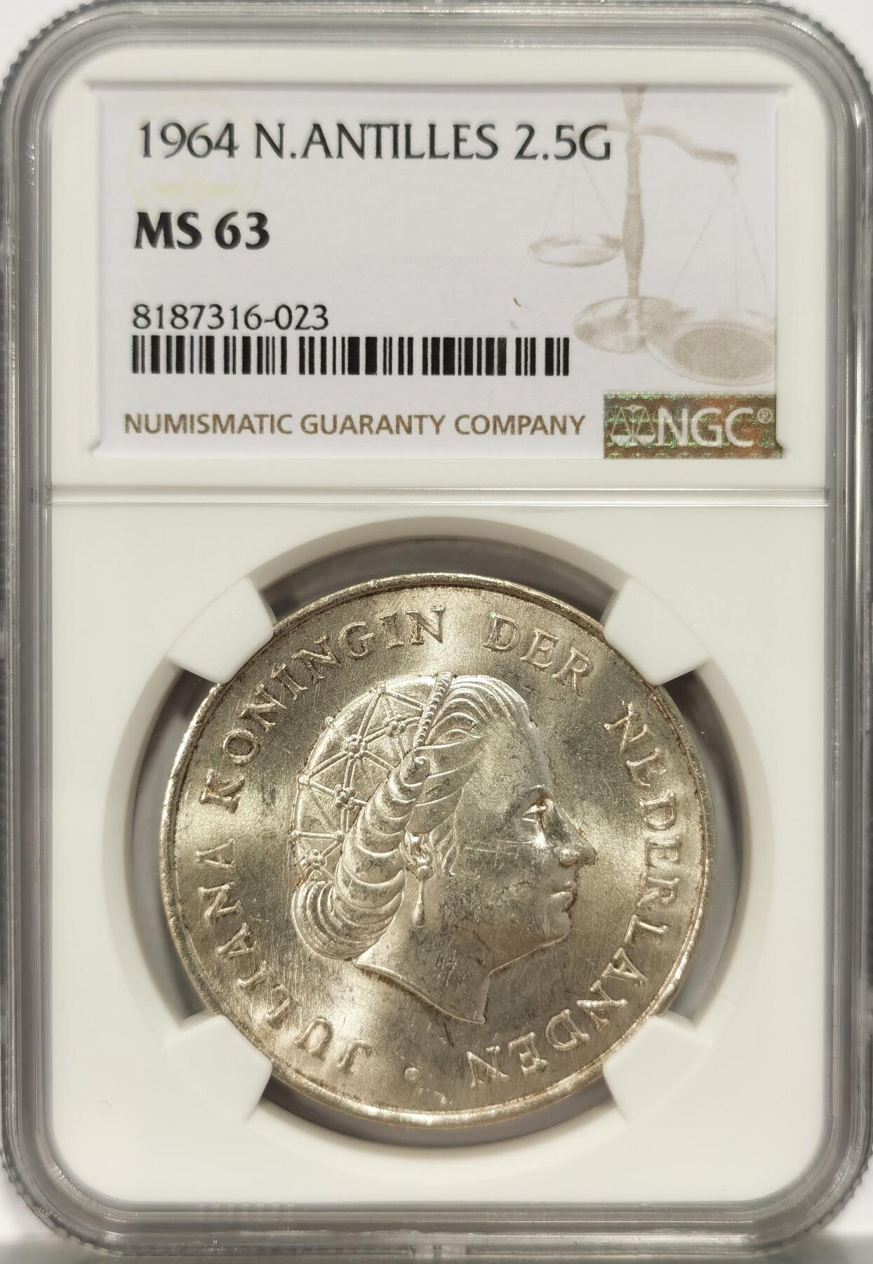博洋堂世界钱币拍卖第090期（全场包邮） NGC MS63 荷属安的列斯1964年朱莉安娜女王2.5盾银币