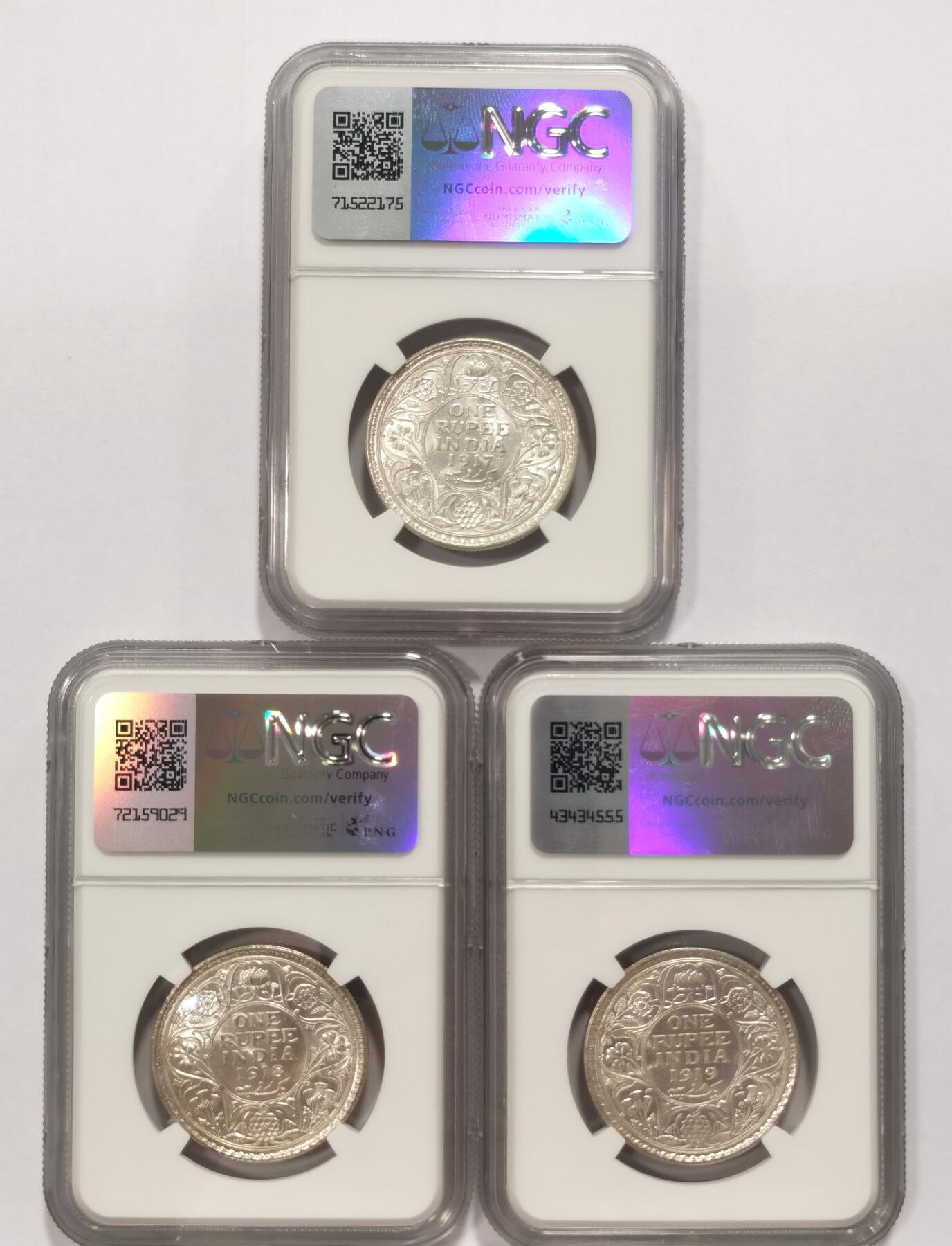 博洋堂世界钱币拍卖第090期（全场包邮） NGC MS61 英属印度1917-1919年乔治五世1卢比银币3枚一组，连号年份