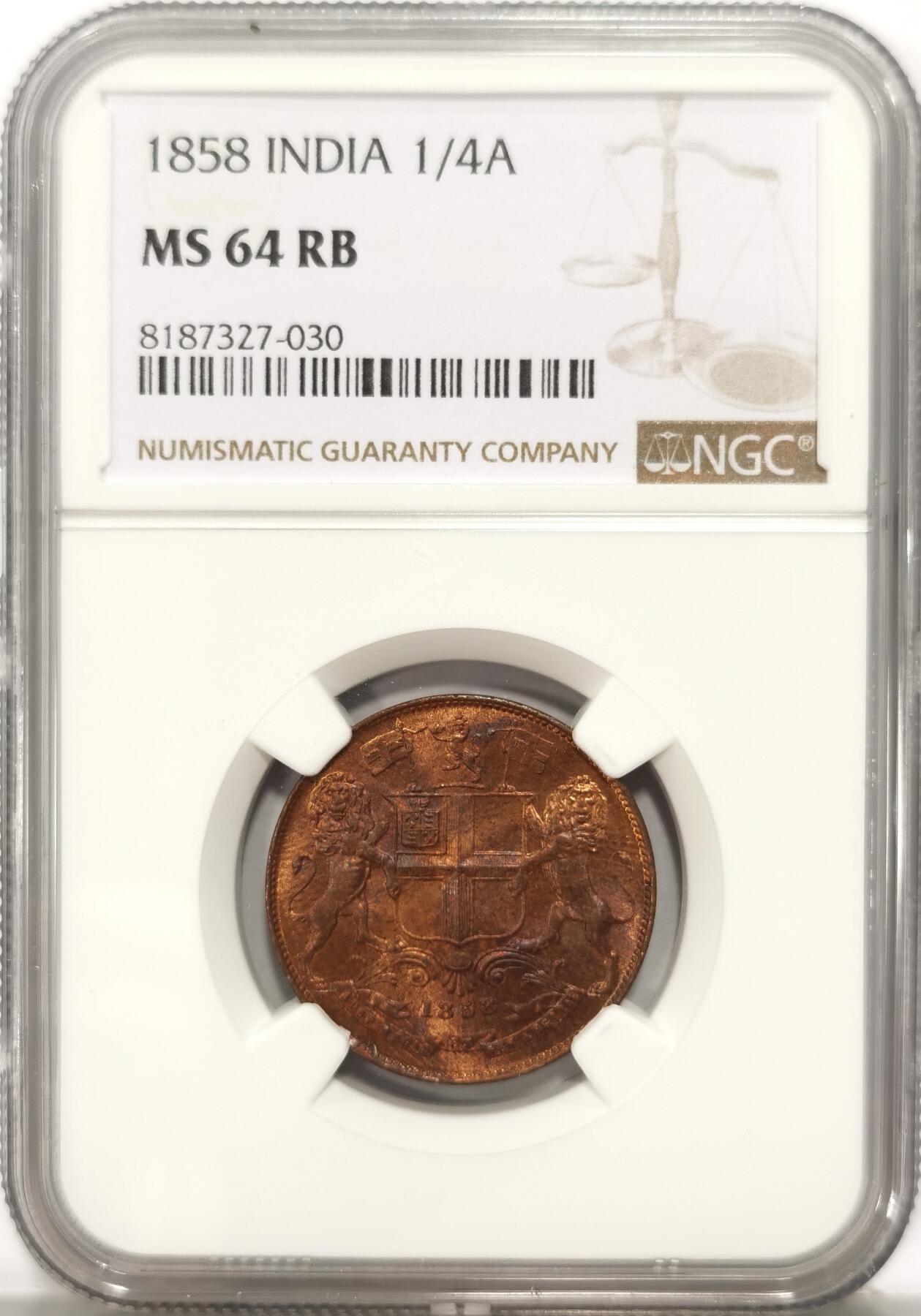 博洋堂世界钱币拍卖第090期（全场包邮） NGC MS64RB 东印度公司1858年1/4安那铜币