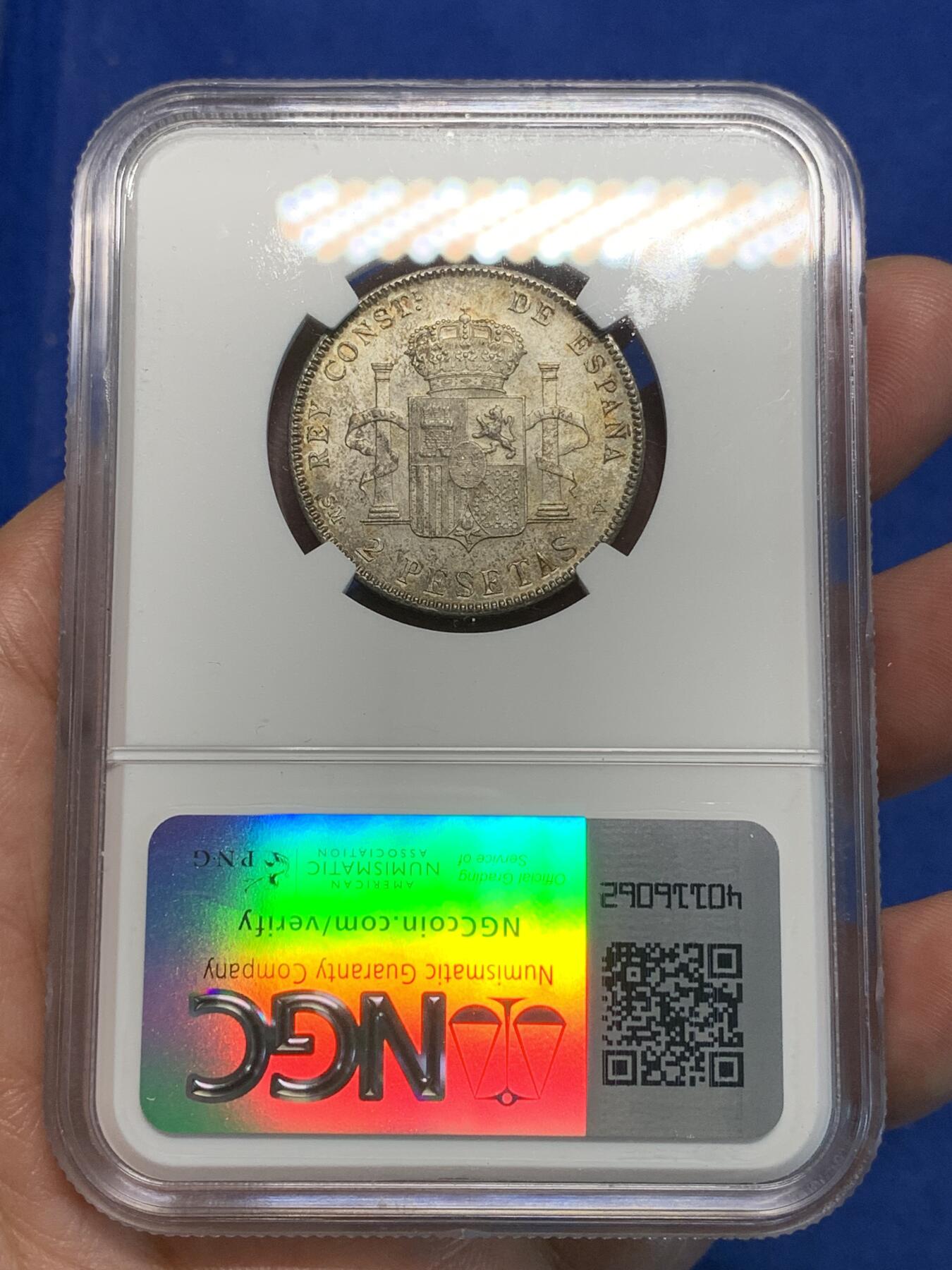 《竞宝斋》第305场   周日，周一 2场连拍 （全场包邮） NGC MS63 西班牙1905阿方索十三世2比塞塔银币