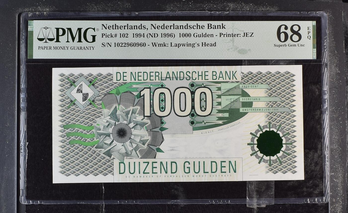 收藏联盟Quantum Auction 第375期拍卖  荷兰1994年1000盾 PMG68 号码全程无3457朦胧号  经典大齿轮