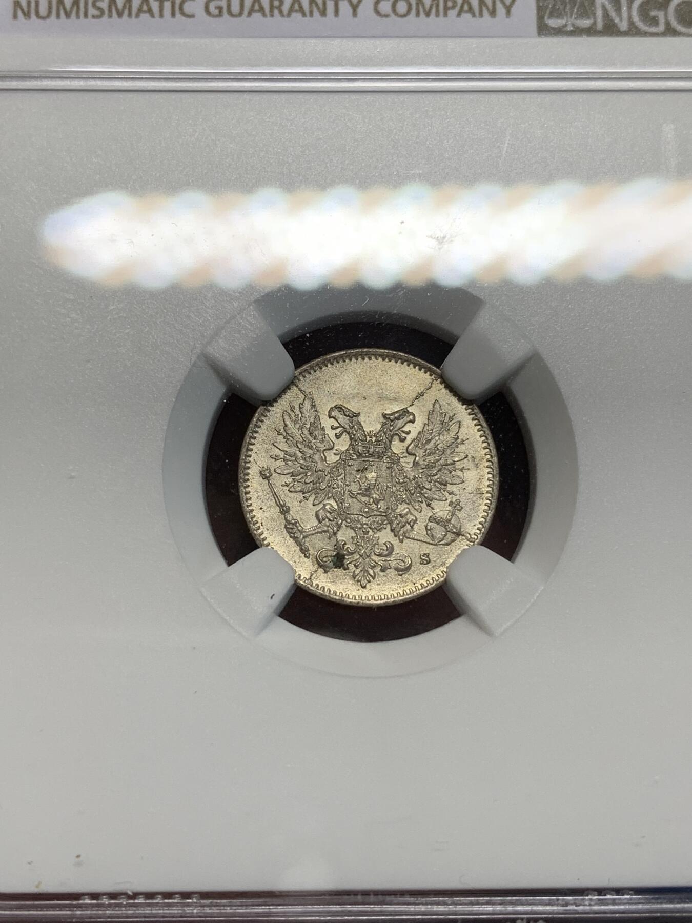 《竞宝斋》第305场   周日，周一 2场连拍 （全场包邮） NGC MS65 俄占芬兰1917年泽伦斯基临时政府25盆尼S版小银币