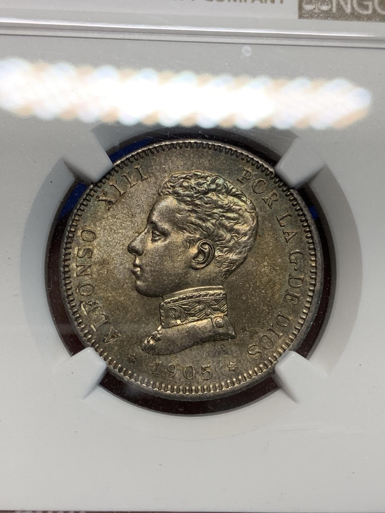 《竞宝斋》第305场   周日，周一 2场连拍 （全场包邮） NGC MS63 西班牙1905阿方索十三世2比塞塔银币