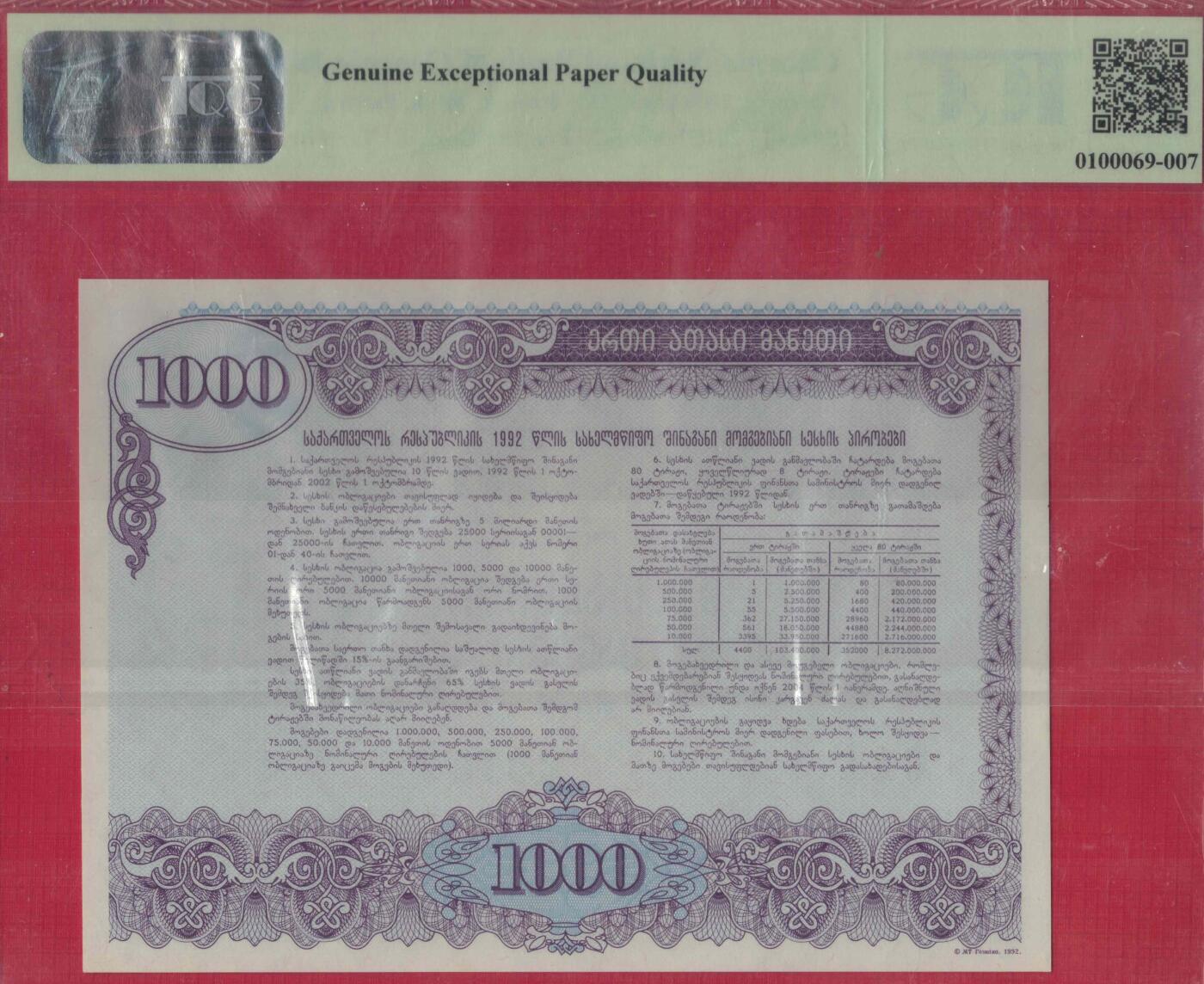 格鲁吉亚1992年1000拉里 国债券 无4 大票幅 实物图 UNC