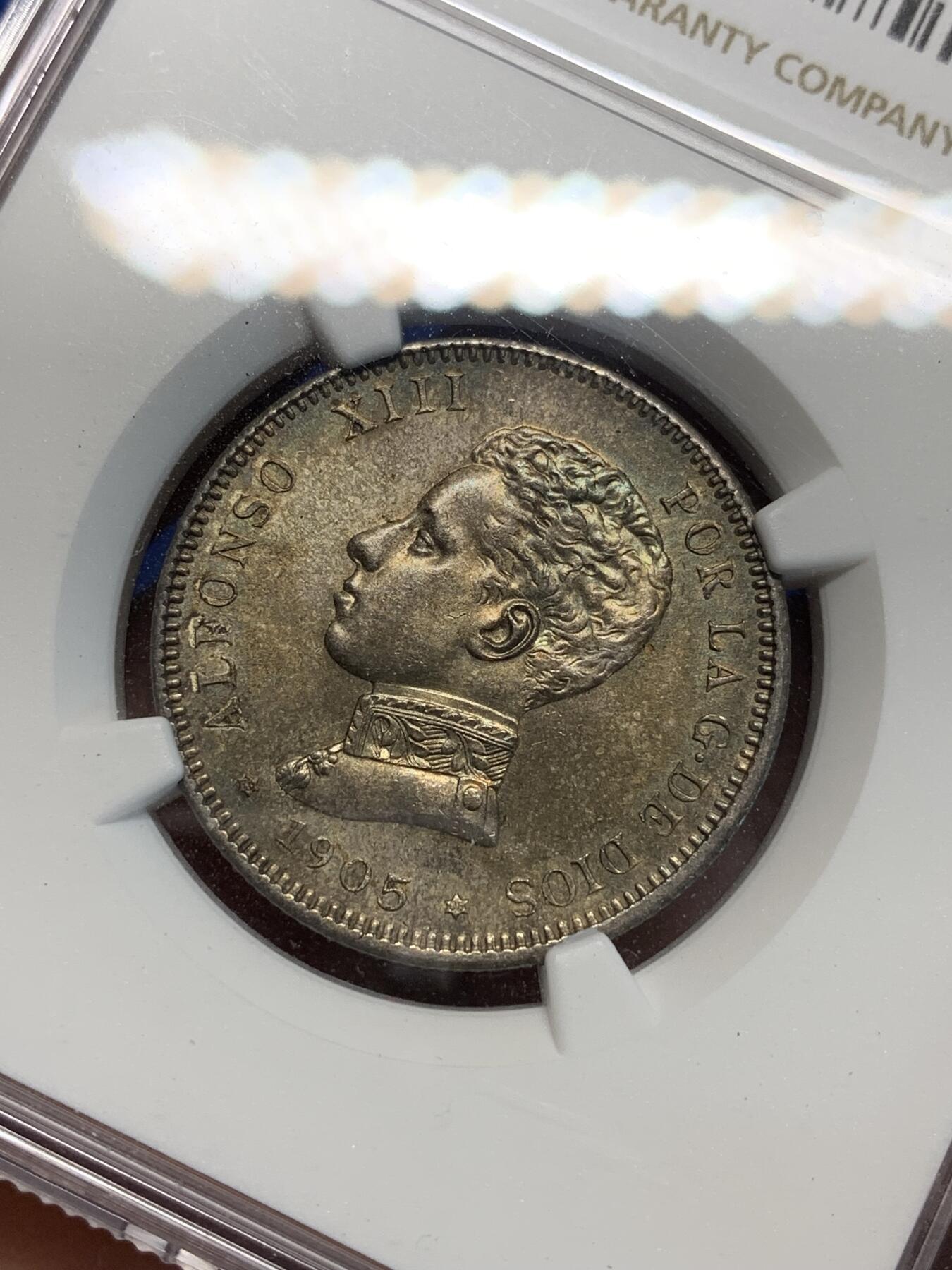 《竞宝斋》第305场   周日，周一 2场连拍 （全场包邮） NGC MS63 西班牙1905阿方索十三世2比塞塔银币