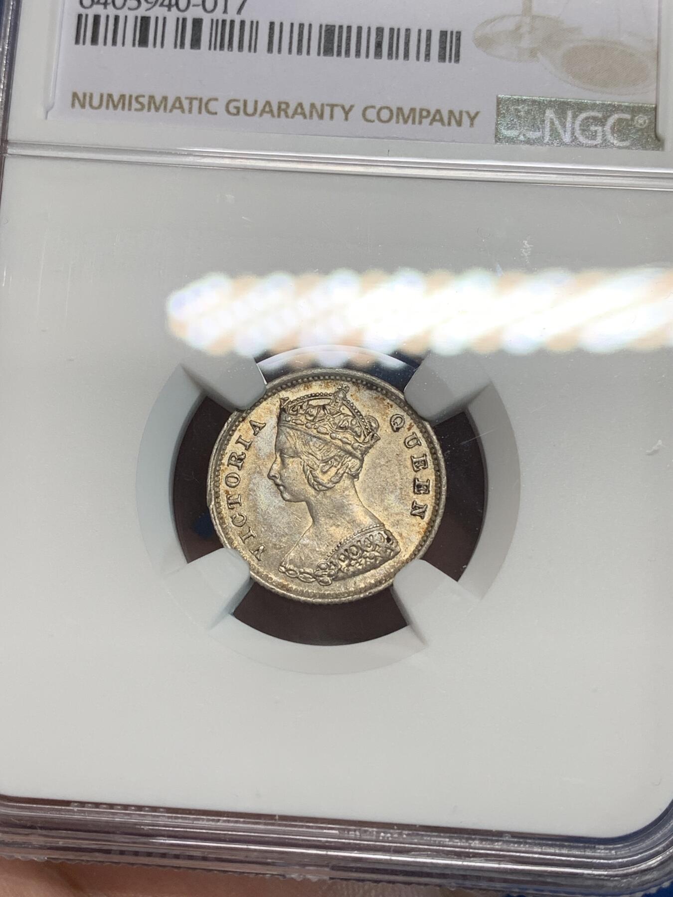 《竞宝斋》第305场   周日，周一 2场连拍 （全场包邮） NGC MS62 香港 1899年 一毫 维多利亚 银币 高分五彩光币 MA-MS63分拍卖价格在200美元！