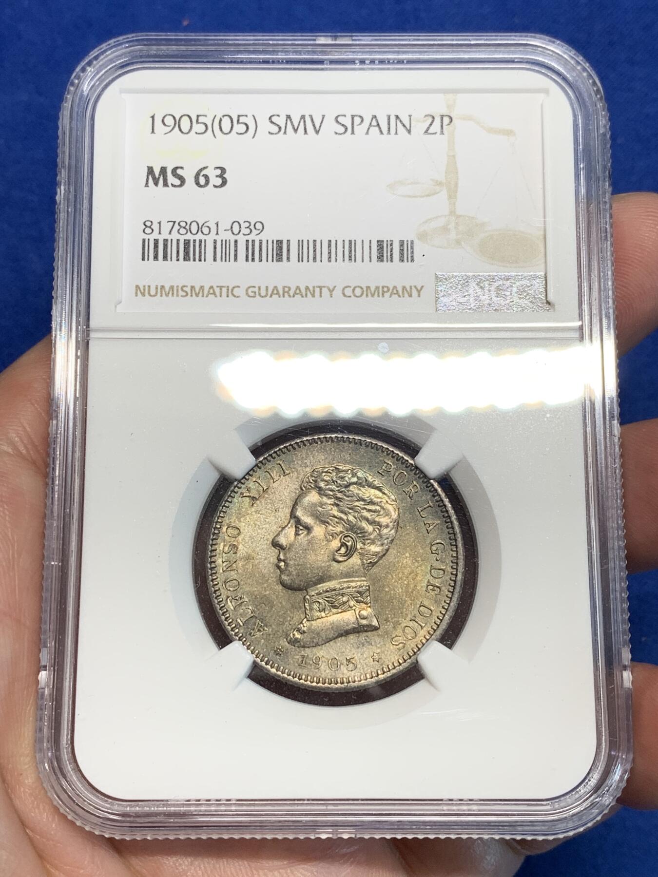 《竞宝斋》第305场   周日，周一 2场连拍 （全场包邮） NGC MS63 西班牙1905阿方索十三世2比塞塔银币