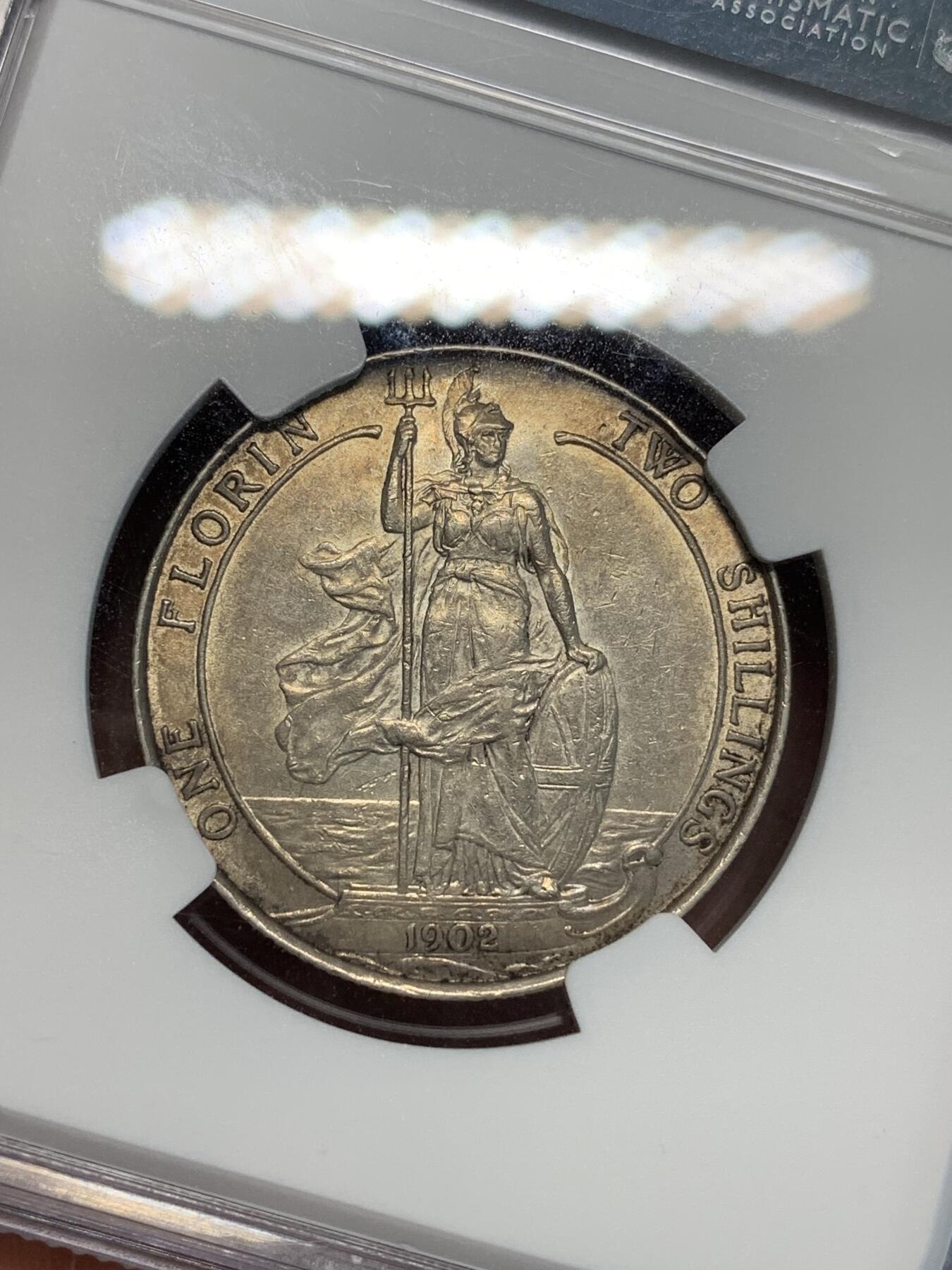 《竞宝斋》第305场   周日，周一 2场连拍 （全场包邮） NGC AU55 英国1902年爱德华七世海神弗洛林银币 经典品种