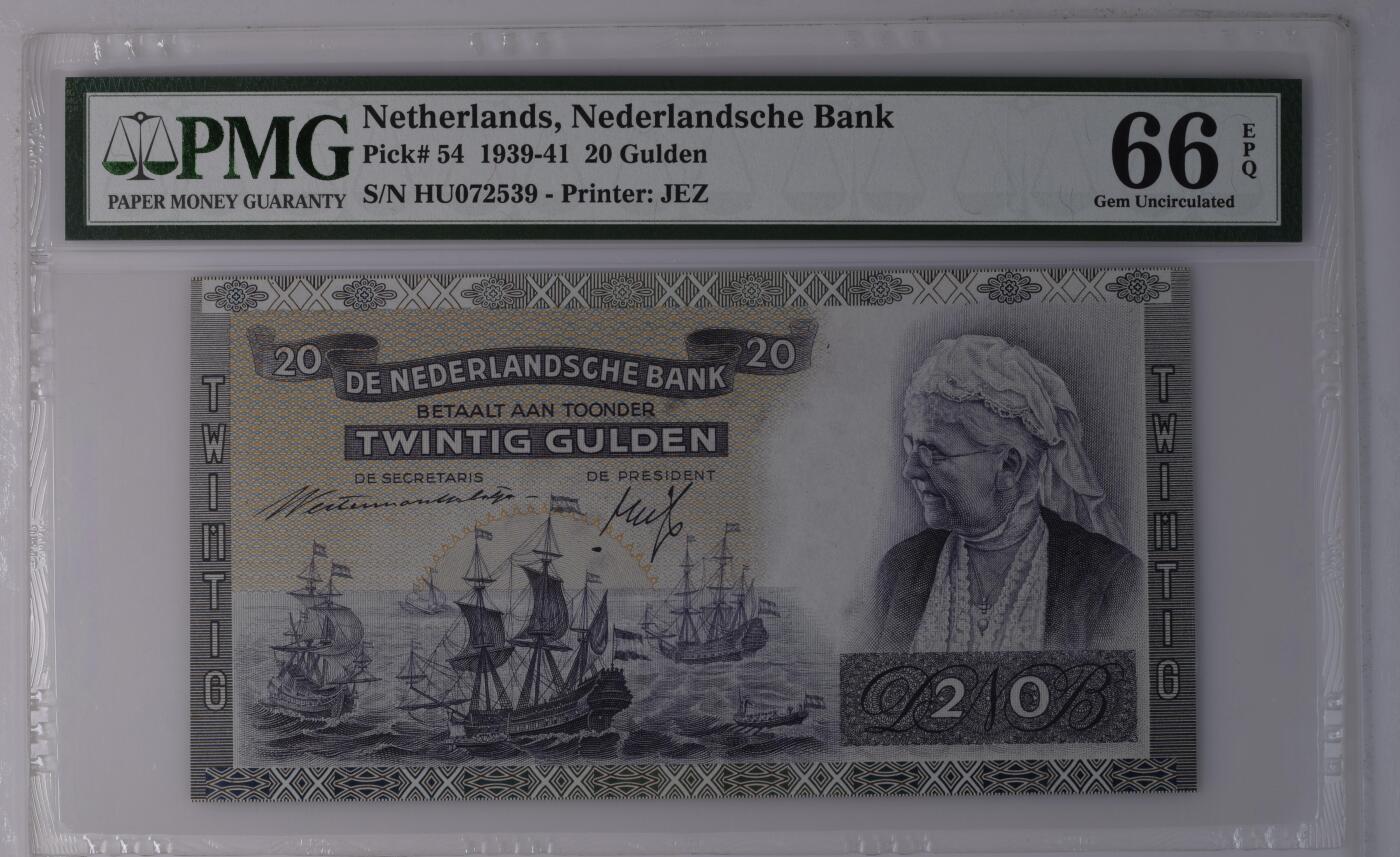 收藏联盟Quantum Auction 第375期拍卖  荷兰1939-41年20盾 PMG66 号码无4