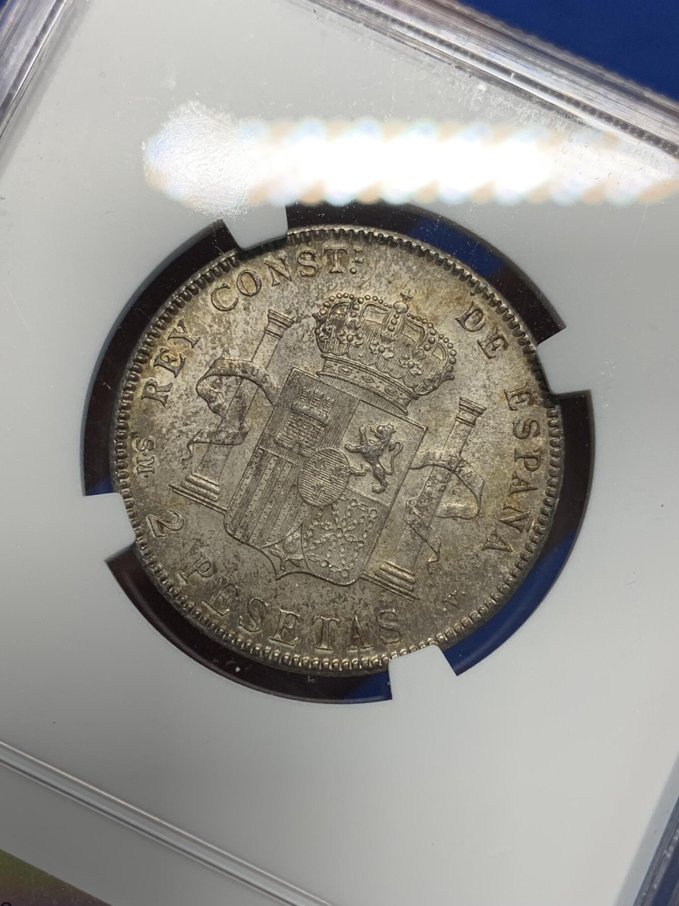 《竞宝斋》第305场   周日，周一 2场连拍 （全场包邮） NGC MS63 西班牙1905阿方索十三世2比塞塔银币