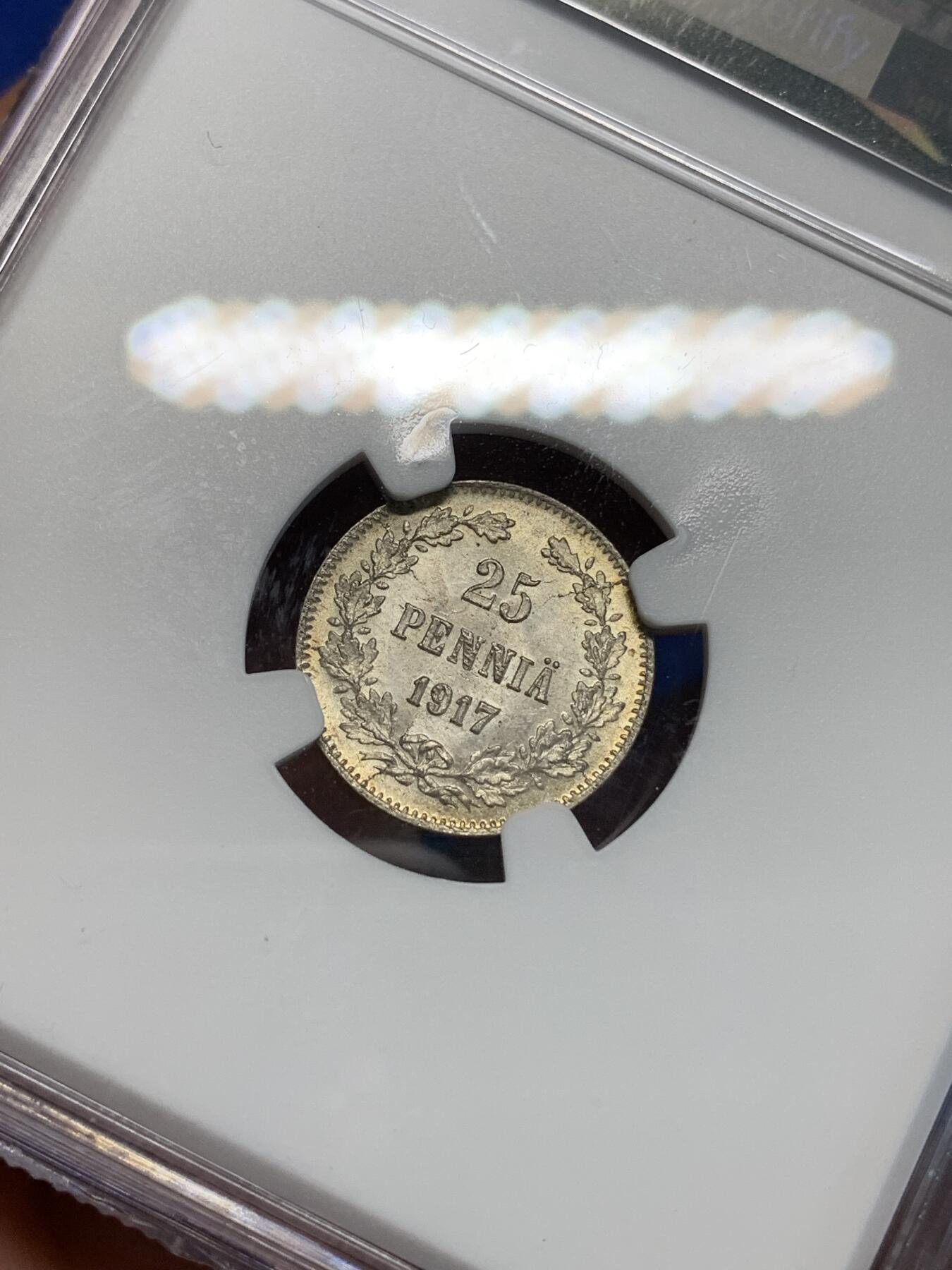 《竞宝斋》第305场   周日，周一 2场连拍 （全场包邮） NGC MS65 俄占芬兰1917年泽伦斯基临时政府25盆尼S版小银币