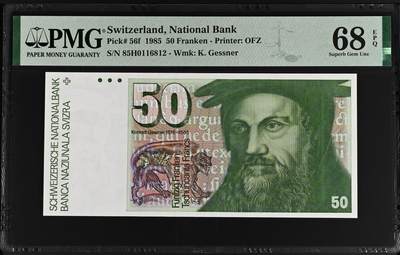 收藏联盟Quantum Auction 第375期拍卖  - 瑞士1985年50法郎 PMG68 该年份冠军分 号码全程无347 博物学家 医学家 格纳斯