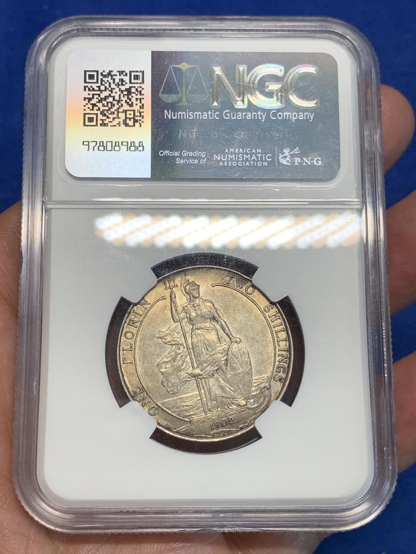 《竞宝斋》第305场   周日，周一 2场连拍 （全场包邮） NGC AU55 英国1902年爱德华七世海神弗洛林银币 经典品种