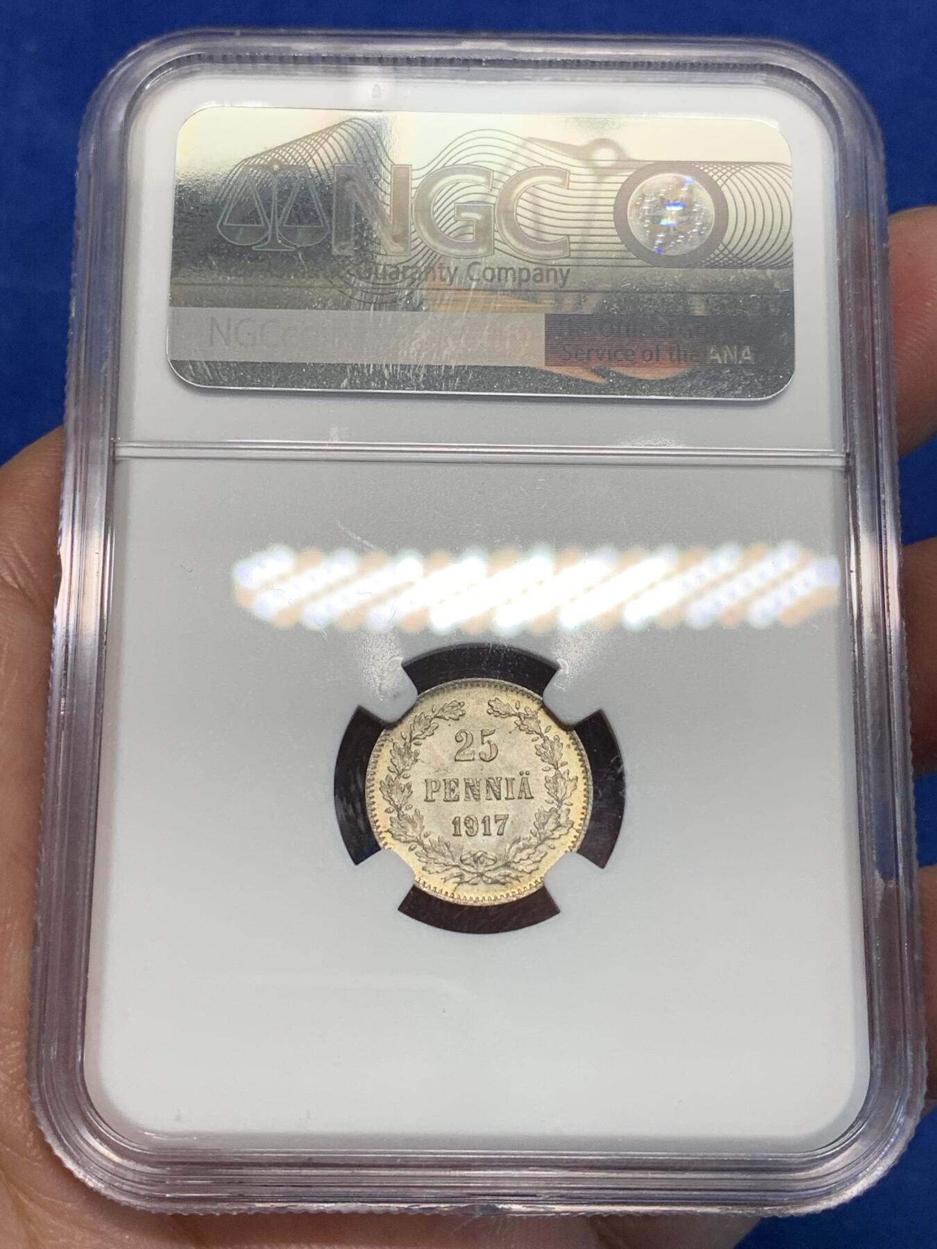 《竞宝斋》第305场   周日，周一 2场连拍 （全场包邮） NGC MS65 俄占芬兰1917年泽伦斯基临时政府25盆尼S版小银币