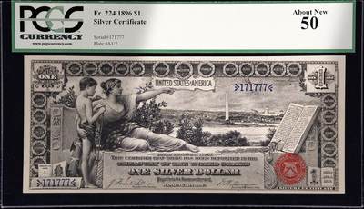 【Blue Auction】✨世界纸币精拍第541期【精】 - 【短号版数二171777豹子号罕见 Plate A1/7】美国 1896年1美金 经典教育券 备受收藏家青睐 在鲍尔斯和桑德曼的著作《TOP100最伟大的美国纸币》中排名第7 正面是《历史教育青年》的大幅装饰图案 （在正面背景中可以看到华盛顿特区，华盛顿纪念碑、铸印局和美国国会大厦在背景中清晰可见）背面是华盛顿和第一夫人雕刻人像及纹饰 非常漂亮 PCGS50绿标 状态非常好 
