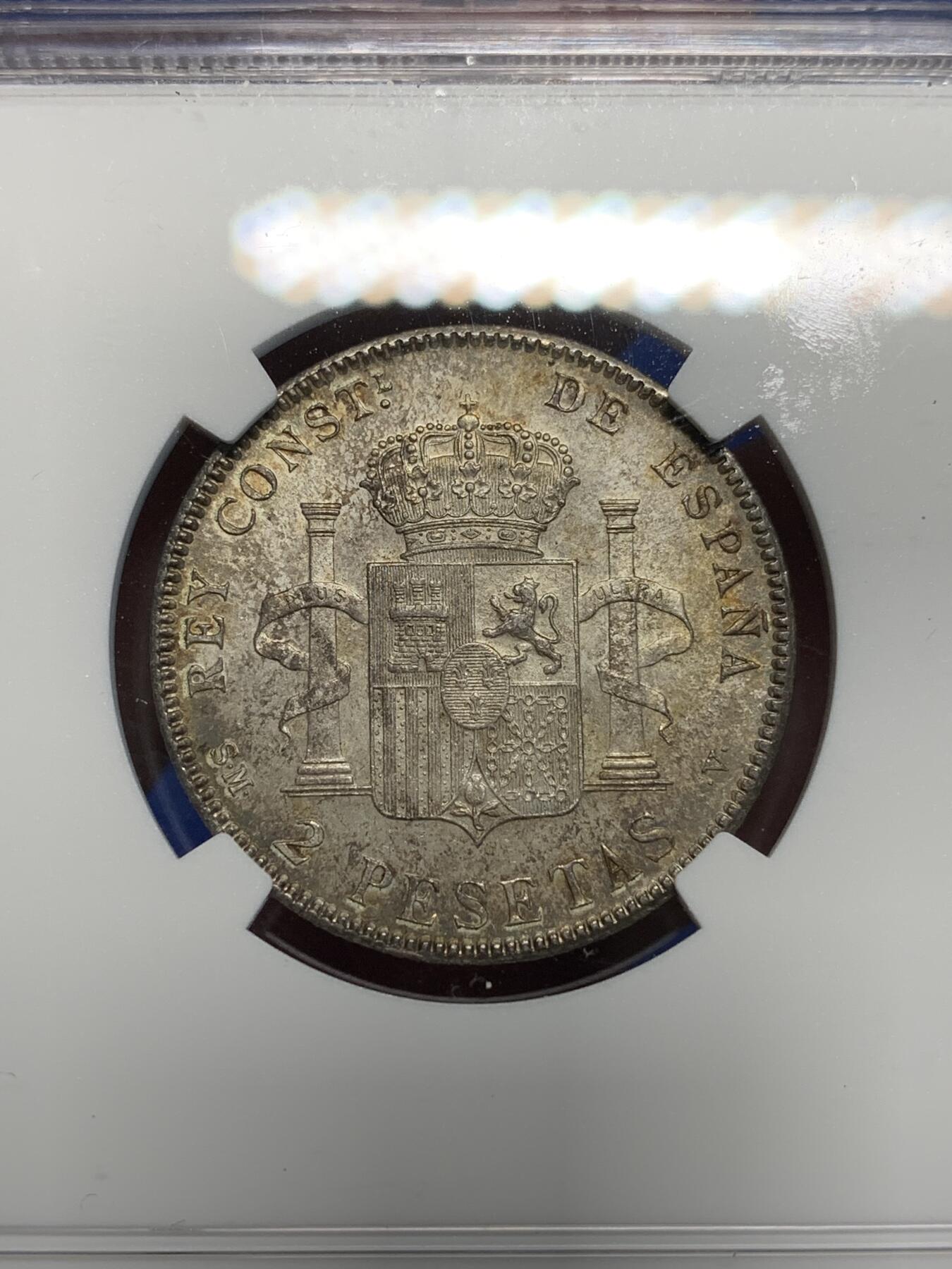 《竞宝斋》第305场   周日，周一 2场连拍 （全场包邮） NGC MS63 西班牙1905阿方索十三世2比塞塔银币